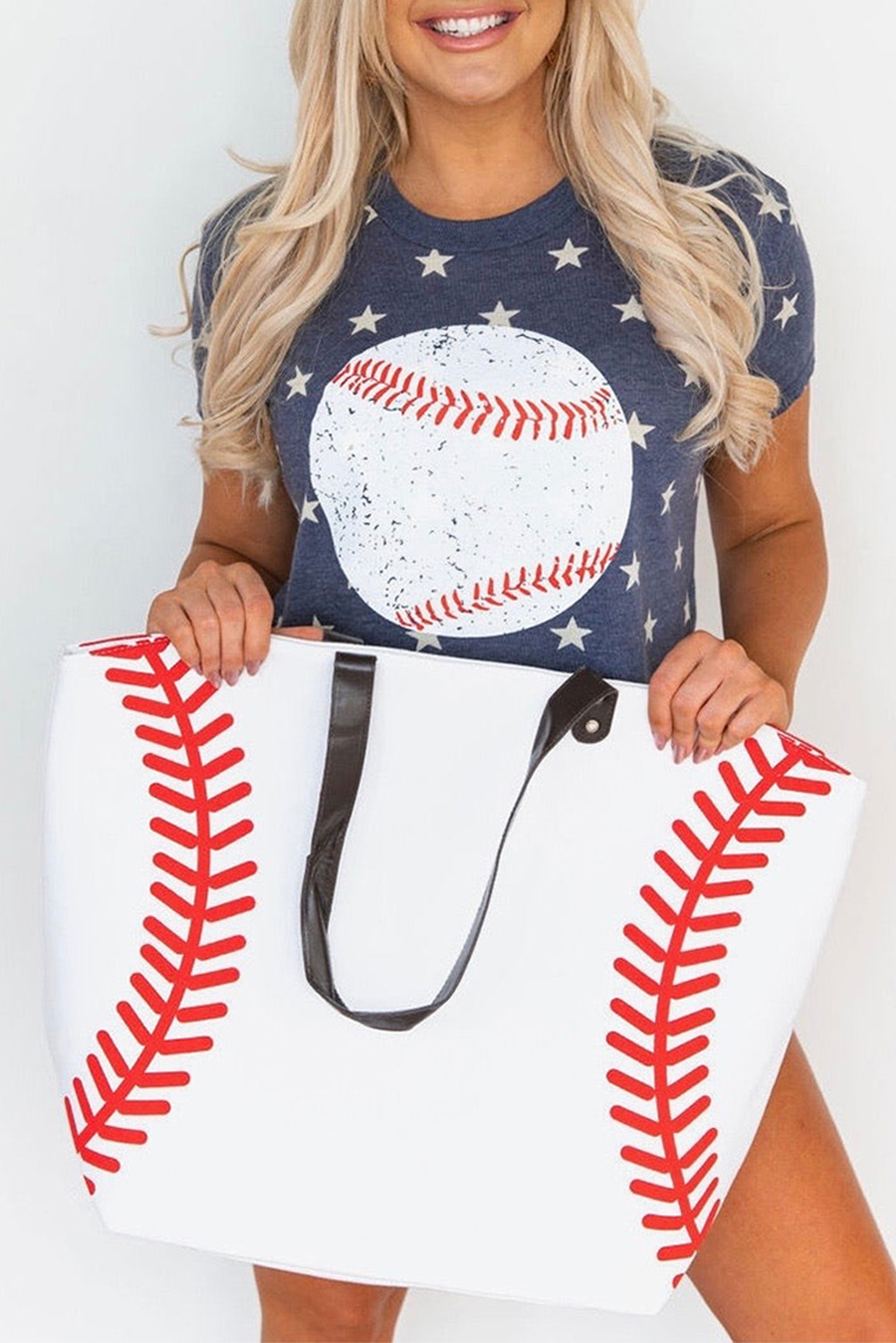 White Baseball Pattern Canvas Large Tote Bag - loveforevers