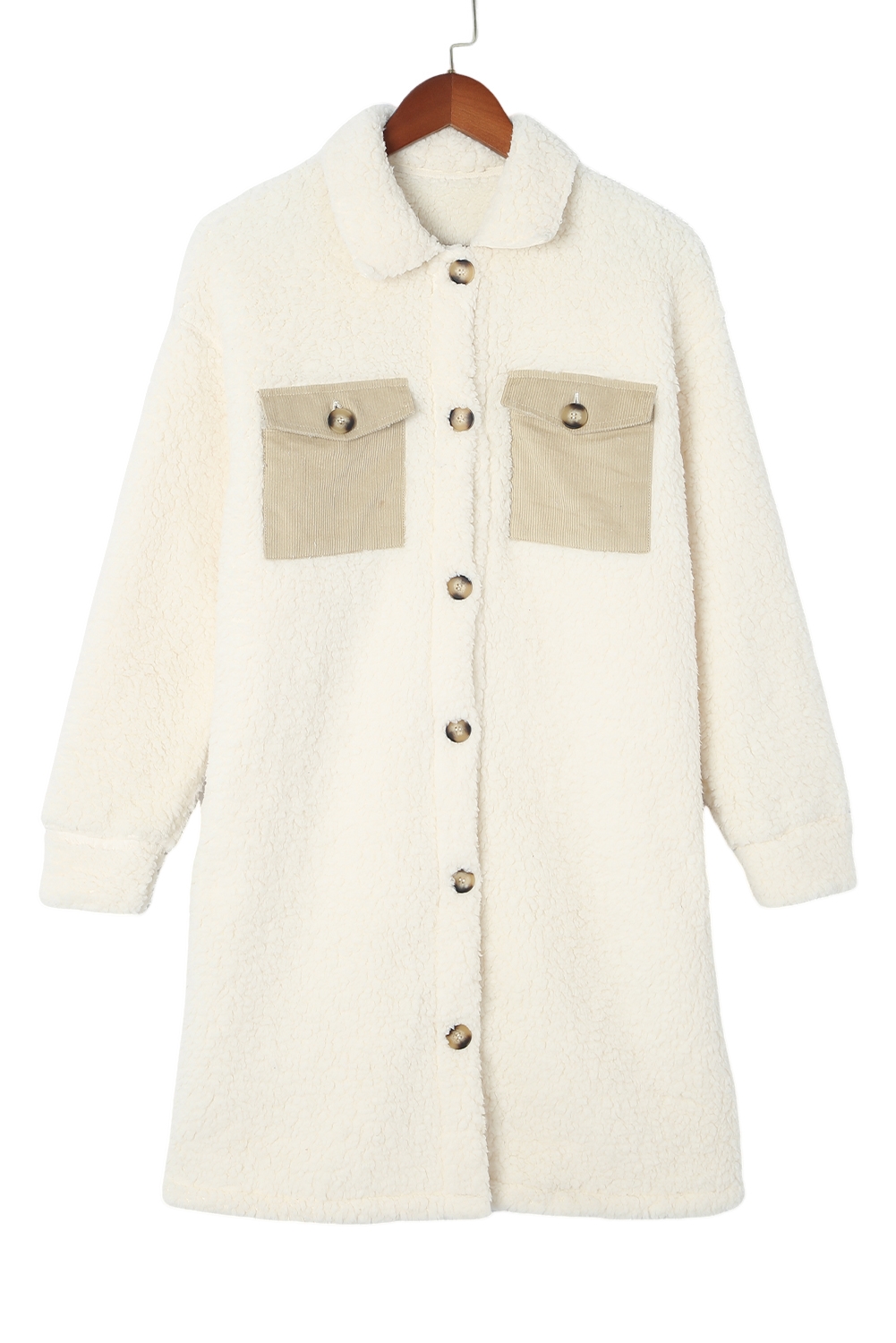 Beige Contrast Flap Pocket Single Breasted Teddy Coat - loveforevers