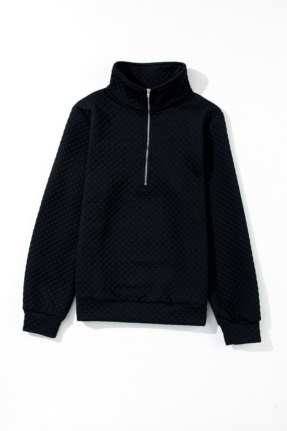 Black Solid Half Zipper Quilted Pullover Sweatshirt - loveforevers
