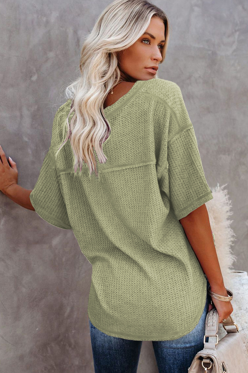 White Exposed Seam Half Sleeve Knitted V Neck Textured Top - loveforevers