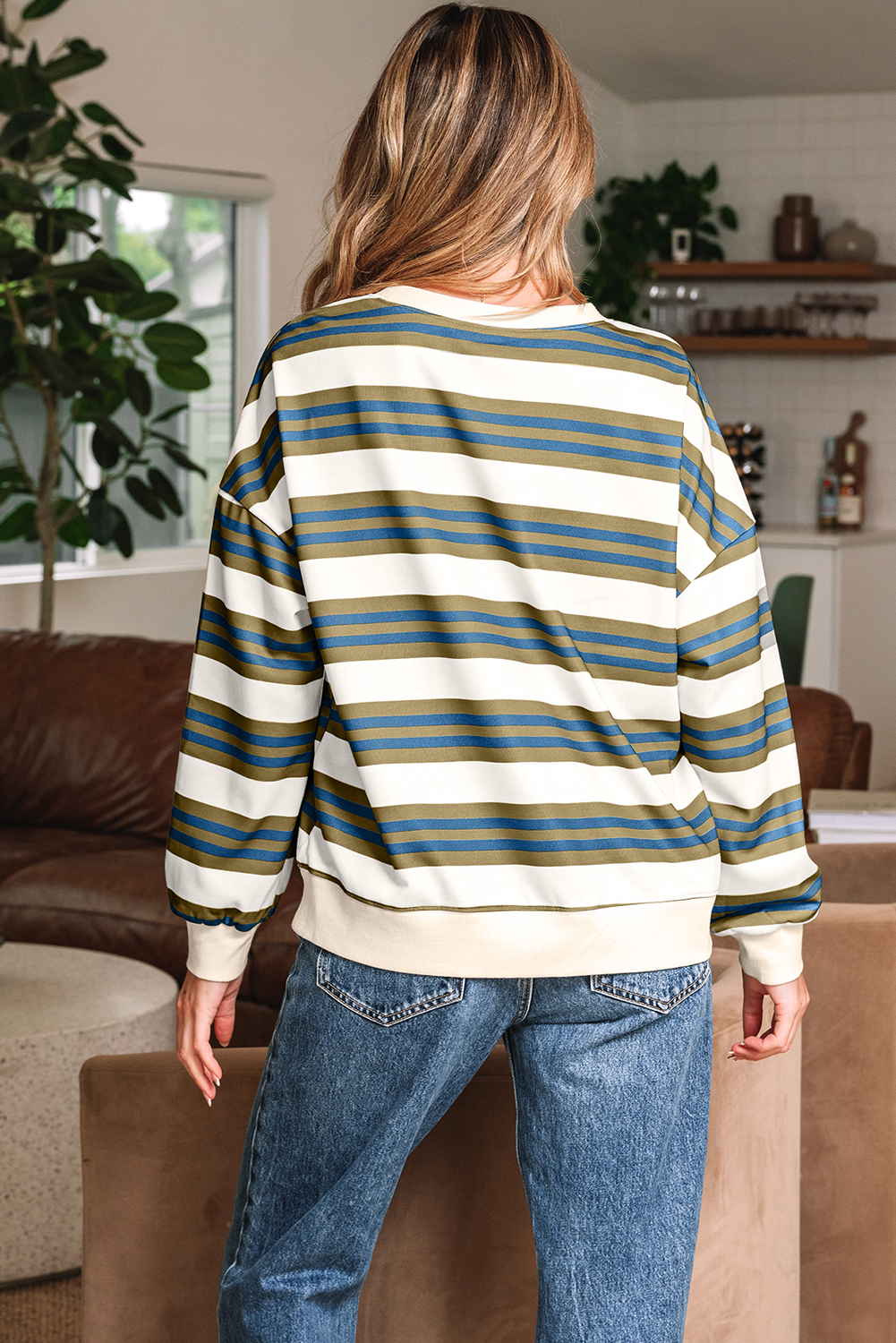 Khaki Stripe Crew Neck Drop Shoulder Pullover Sweatshirt - loveforevers