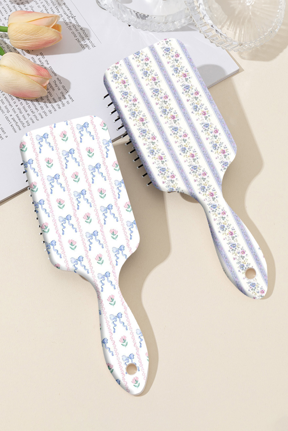Iceland Blue Flower Bow Print Large Paddle Air Cushion Comb - loveforevers