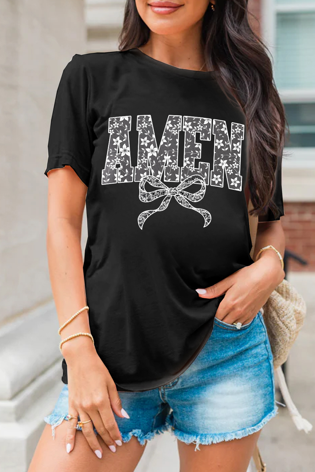 Black Floral AMEN Bow Printed T Shirt - loveforevers