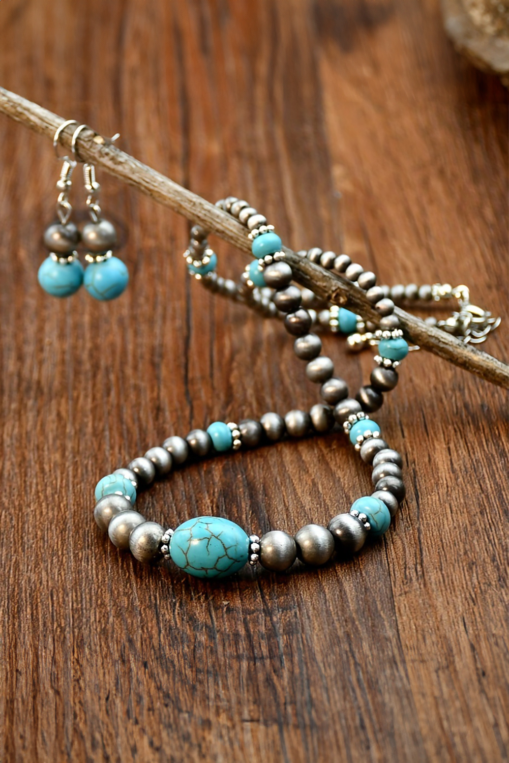 Silvery Western Turquoise Beaded Necklace and Earring Set - loveforevers