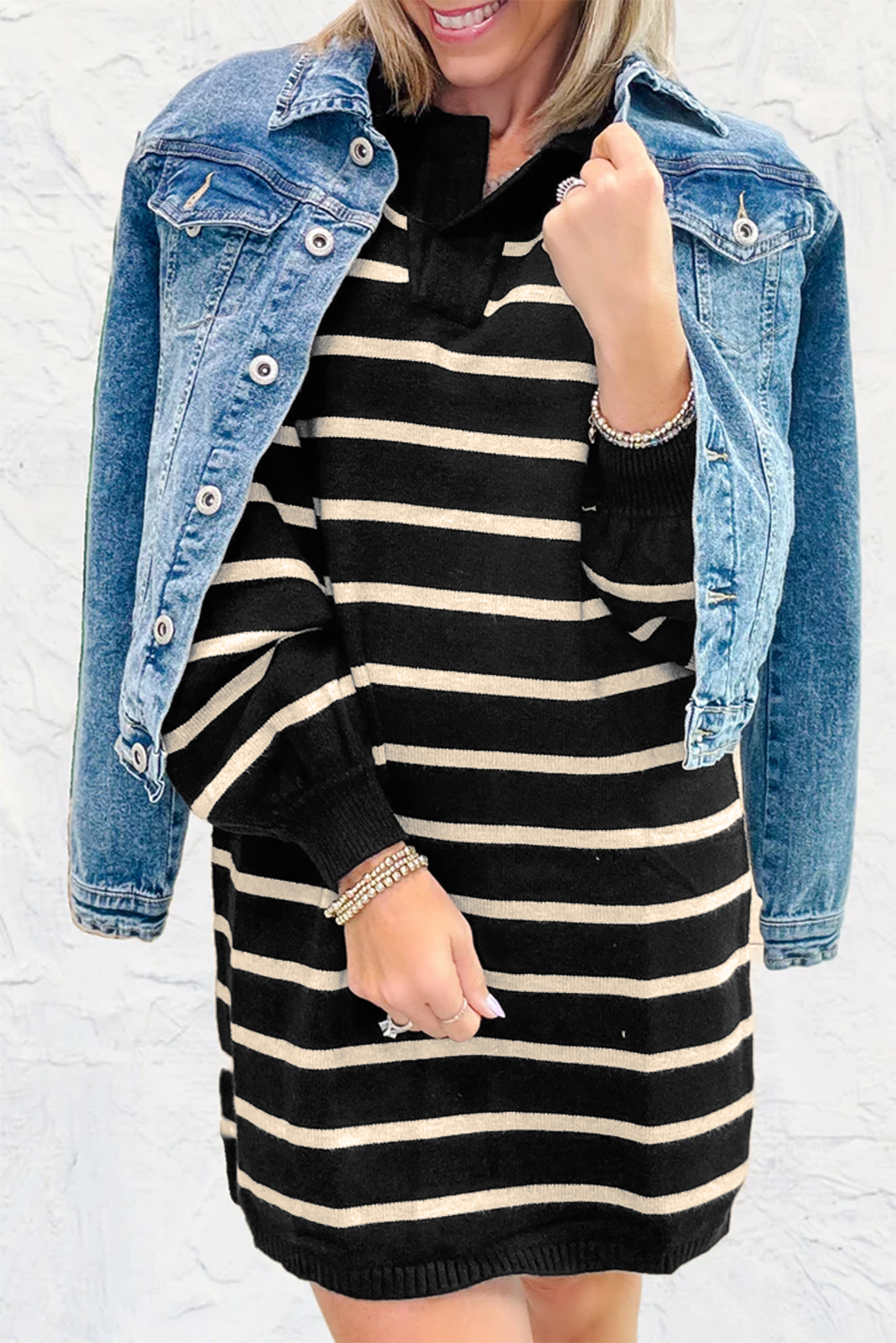Black Stripe Polo Collar Puff Sleeve Sweater Mini Dress - loveforevers