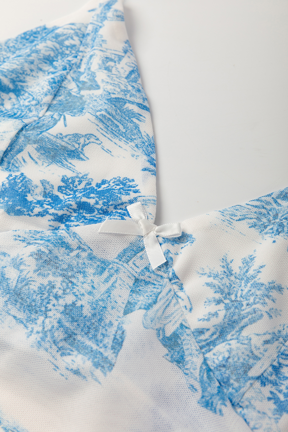 Sky Blue Random Printed Mesh Bow Detail Halterneck Tank Top - loveforevers
