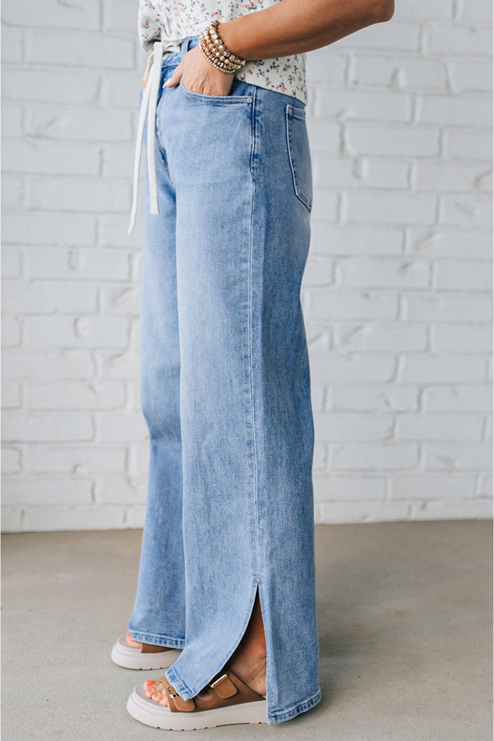 Myosotis Slit Leg High Rise Drawstring Casual Jeans - loveforevers