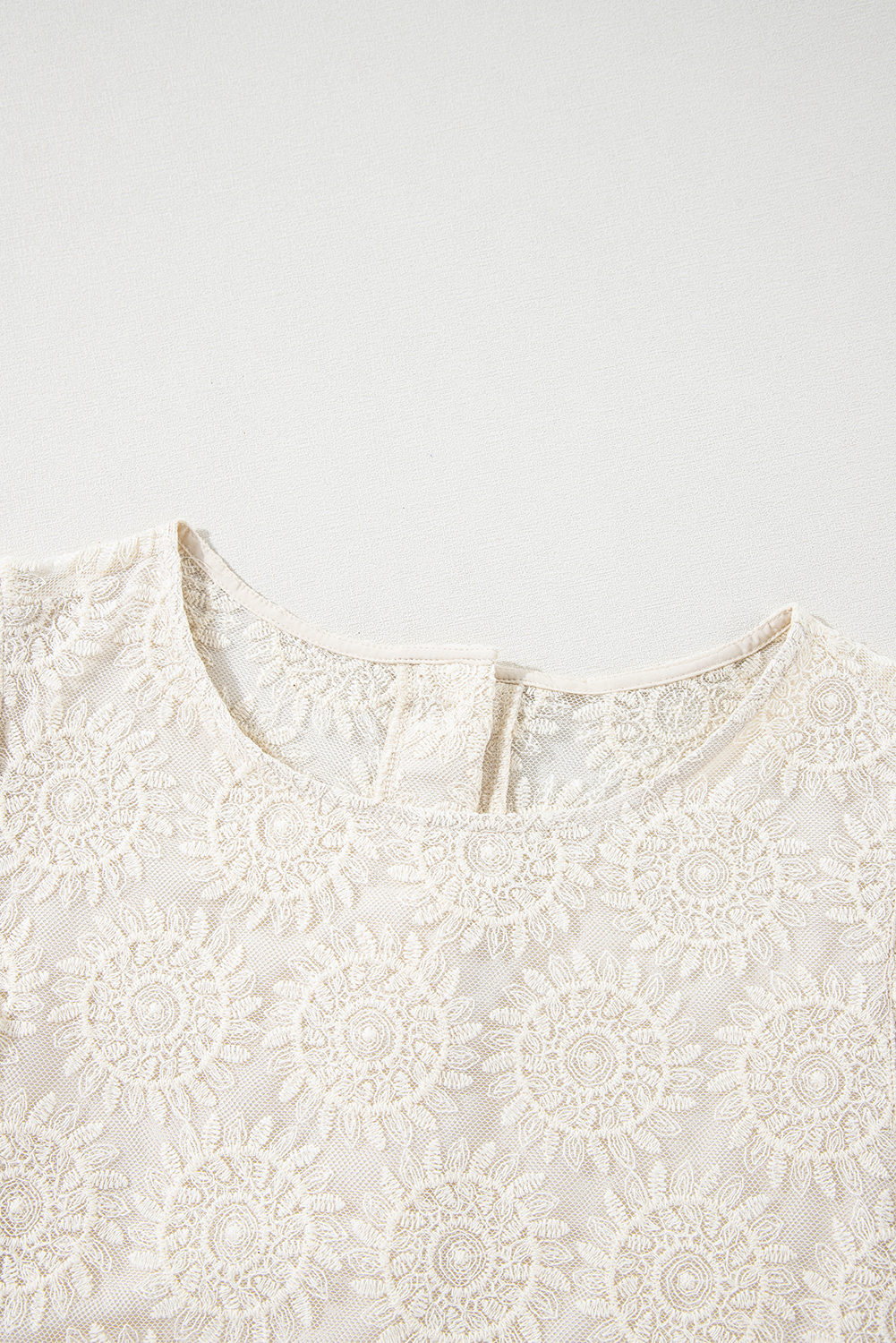Oatmeal Flower Jacquard Button Back Ruffled 3/4 Sleeve Blouse - loveforevers