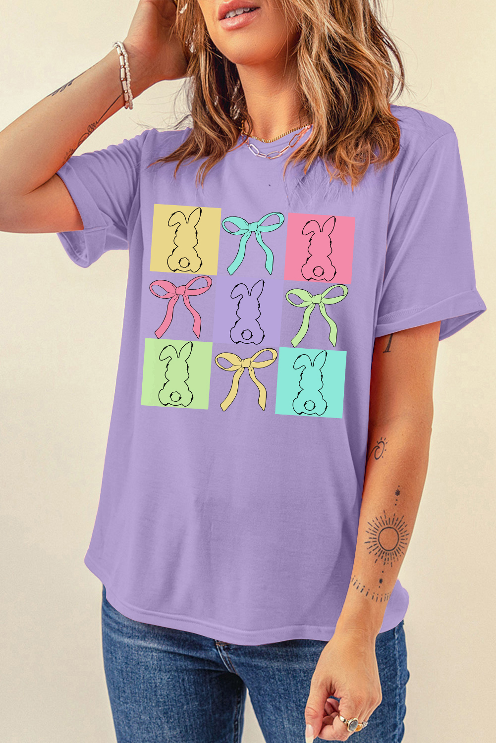 Wisteria Bunny Bow Plaid Print Easter Fashion Tee - loveforevers