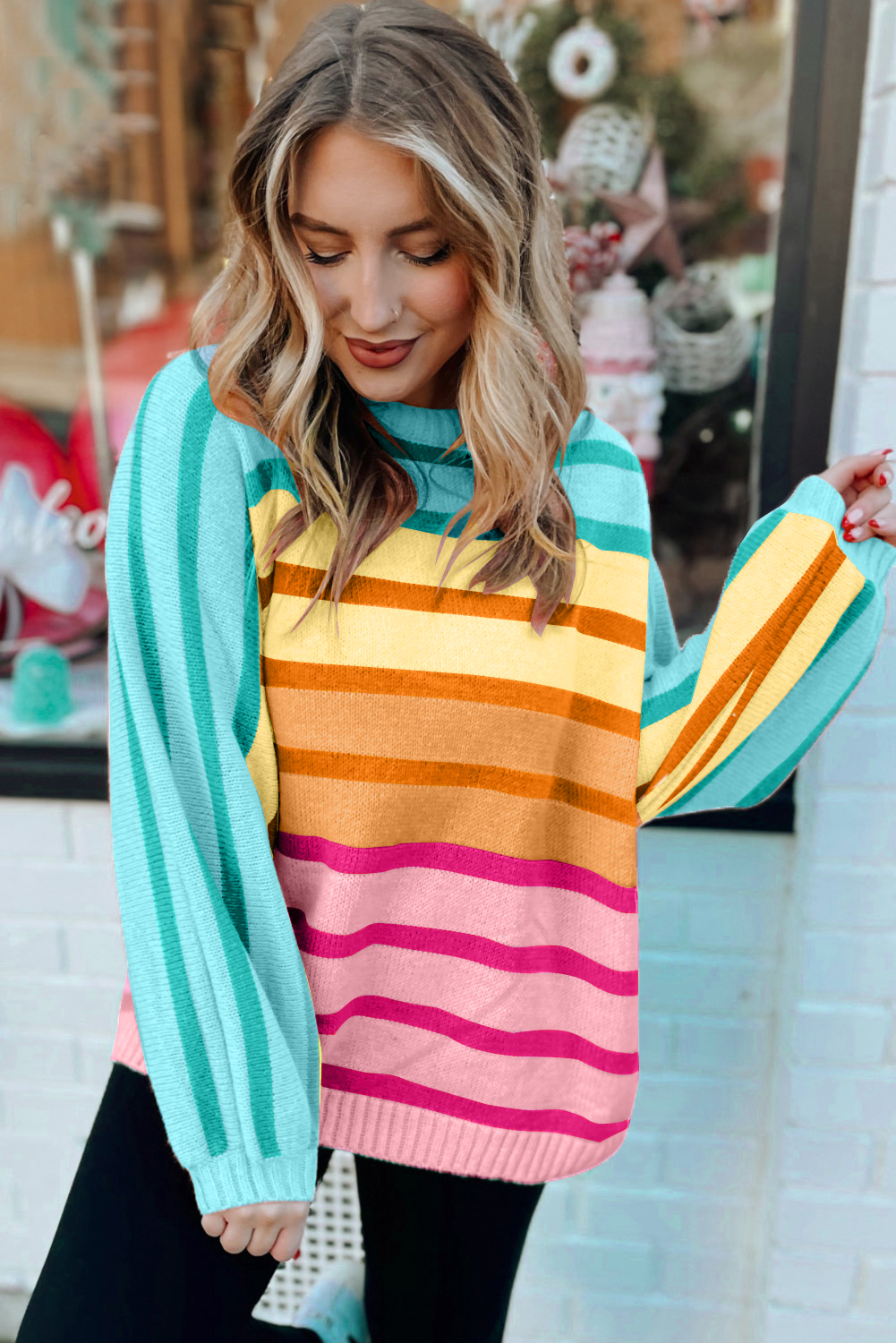 Yellow Stripe Gradient Striped Ribbed Edge Loose Sweater - loveforevers
