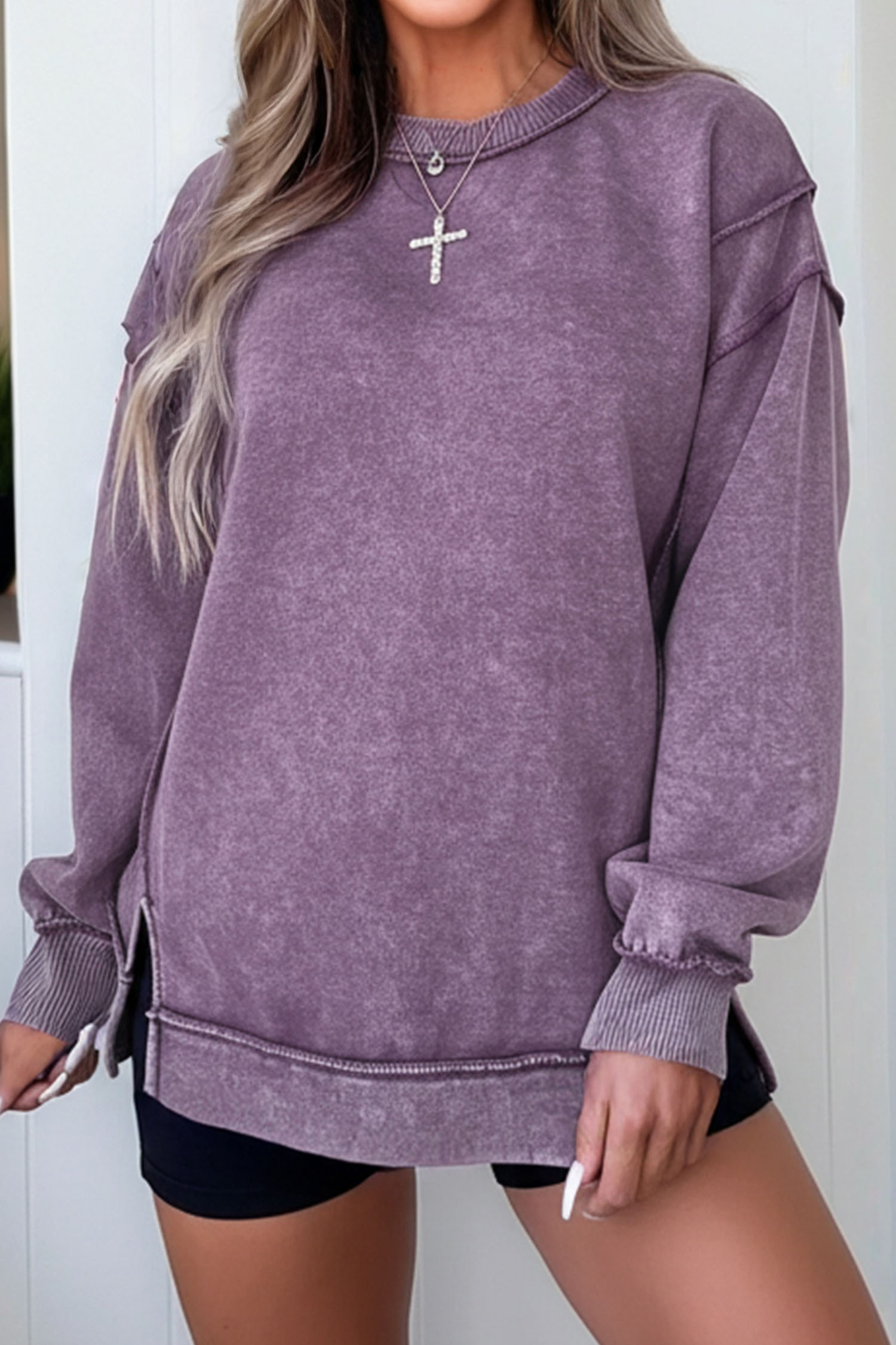 Valerian Mineral Wash Exposed Seam Side Slit Sweatshirt - loveforevers
