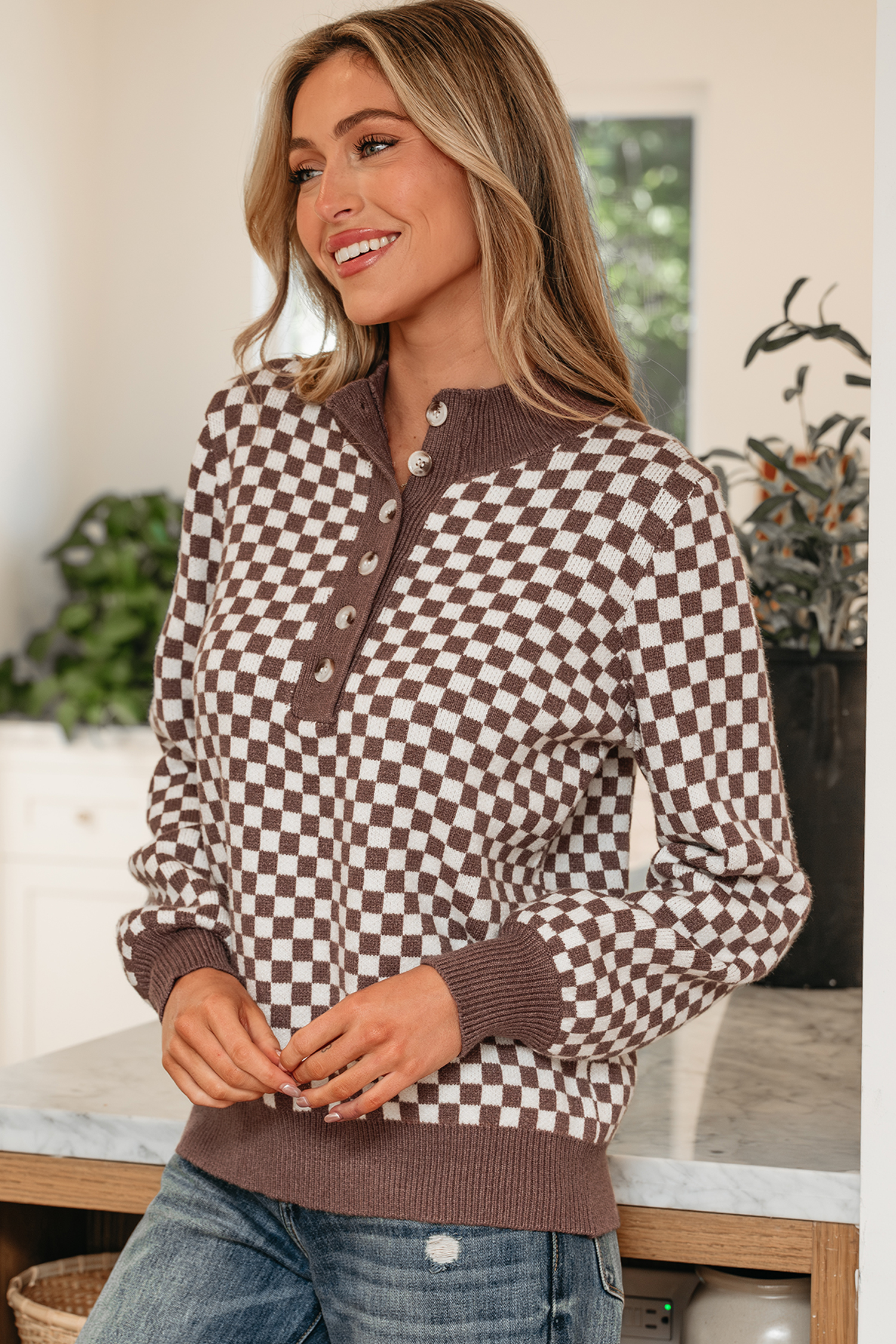 Dark Brown Half Button Ribbed Trim Checkerboard Knit Sweater - loveforevers