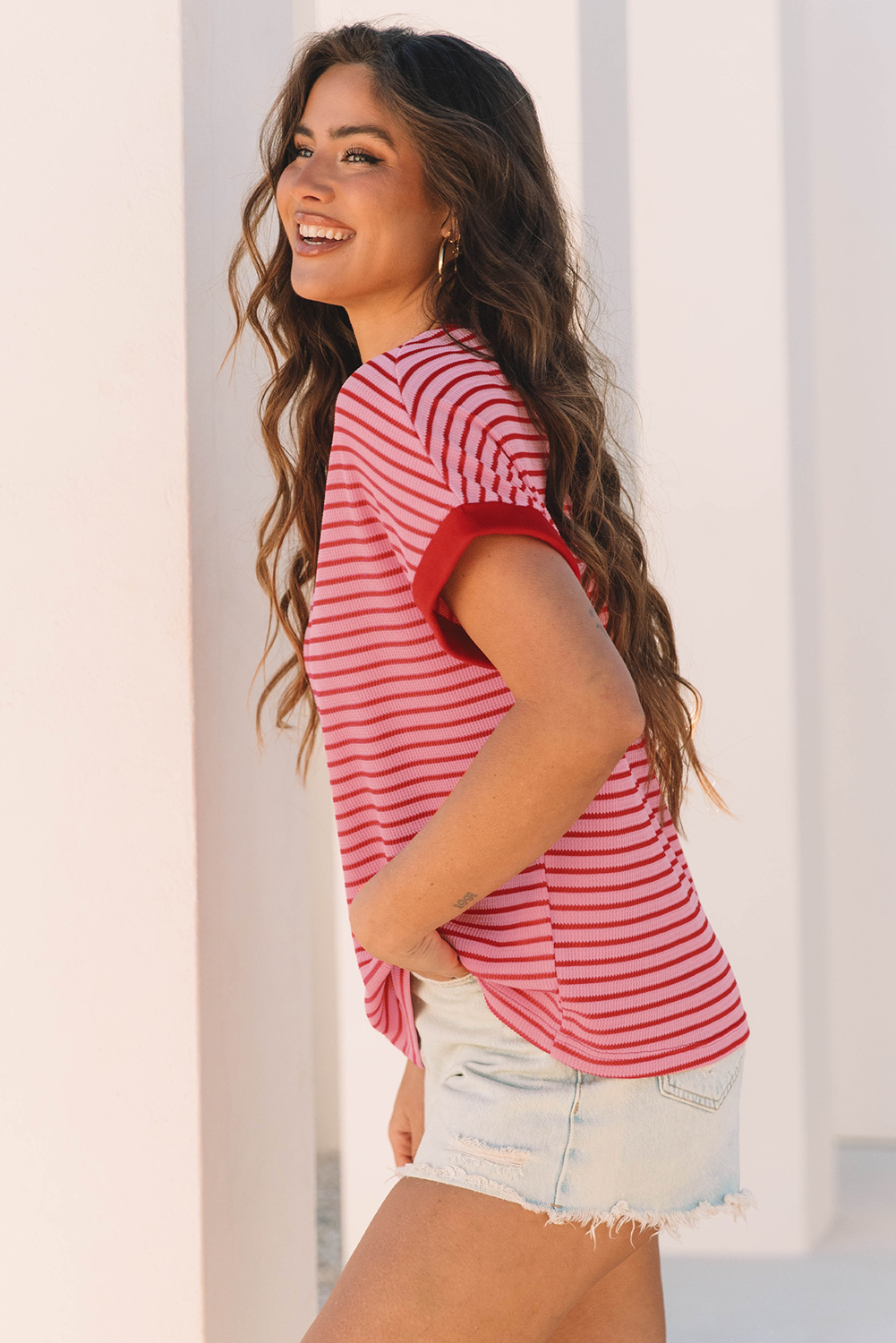 Pink Stripe Knitted Round Neck T Shirt - loveforevers