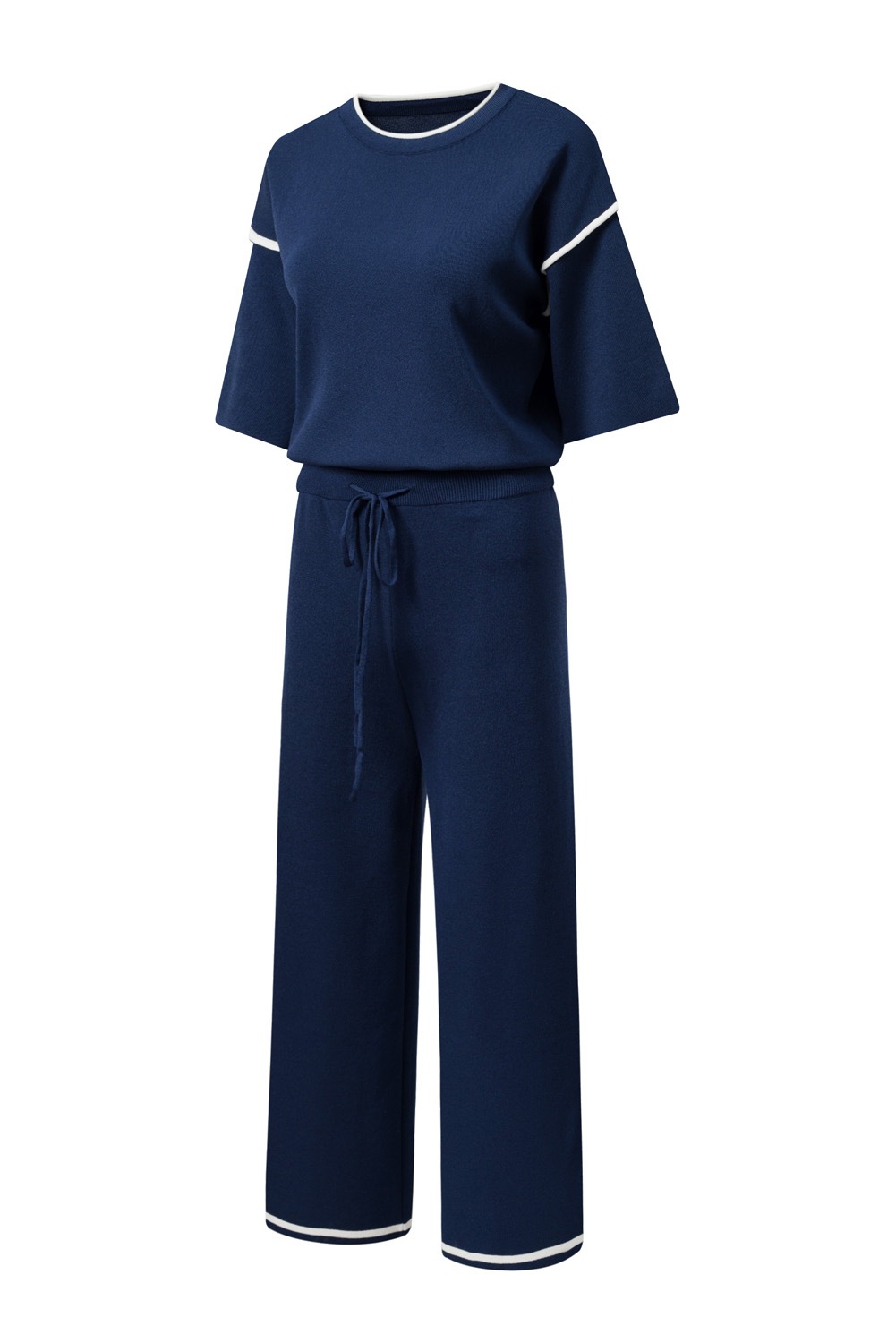 Blackish Green Contrast Trim Half Sleeve Top Drawstring Pants Loose 2pcs Sweater Suit - loveforevers