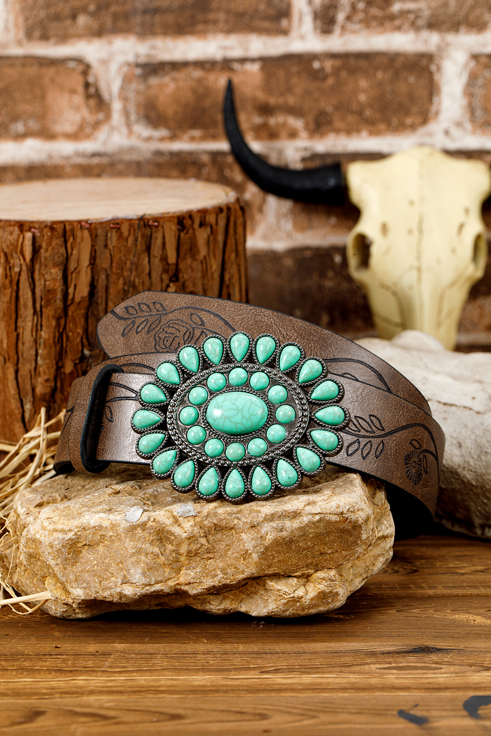 Chestnut Turquoise Gem Stone Western Fashion Faux Leather Belt - loveforevers