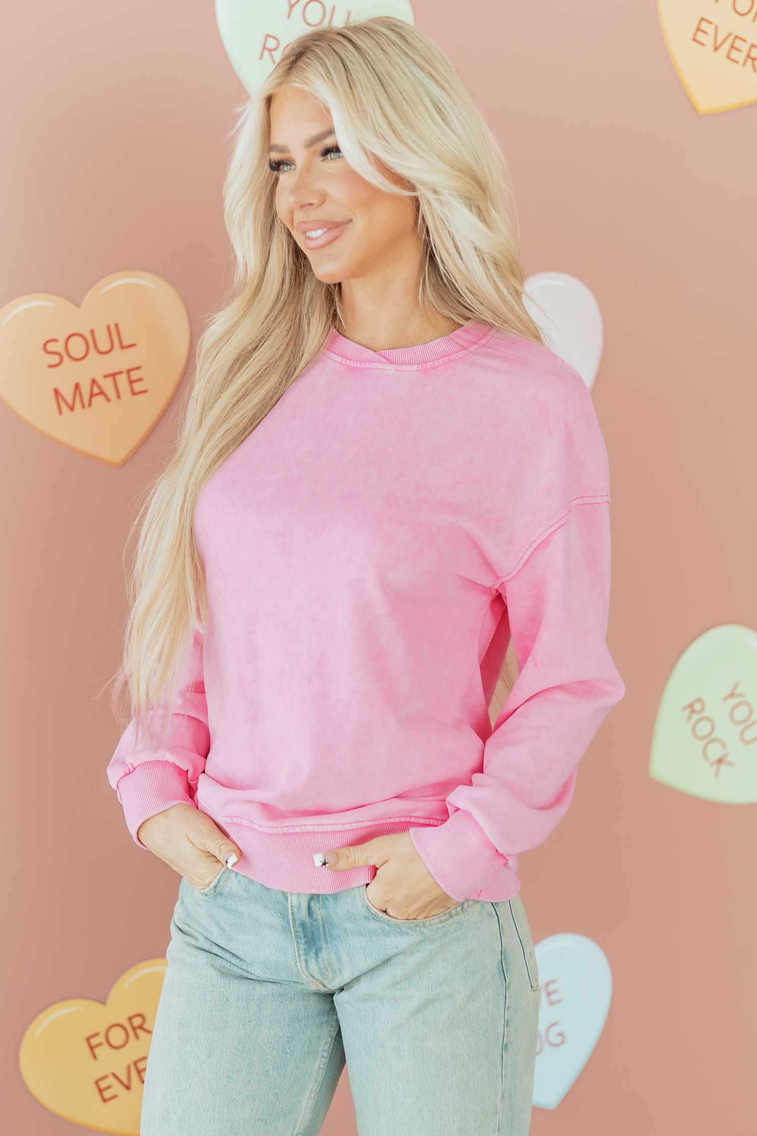 Bright Pink Mineral Wash Crossed Crew Neck Drop Shoulder Loose Sweatshirt - loveforevers