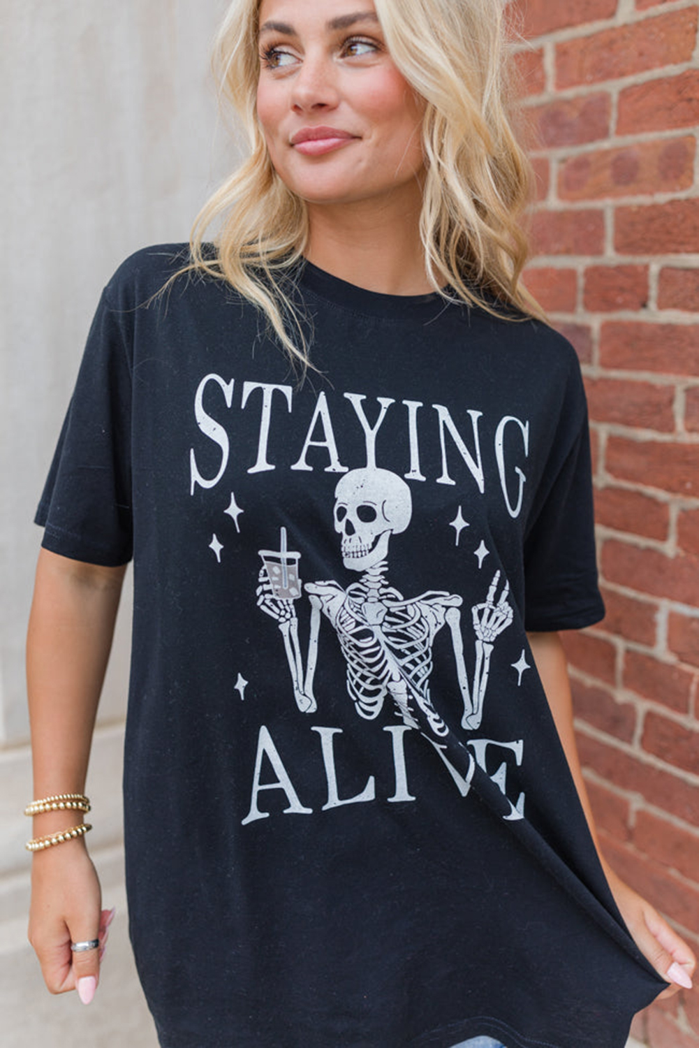 Black STAYING ALIVE Funny Skeleton Print Round Neck T Shirt - loveforevers