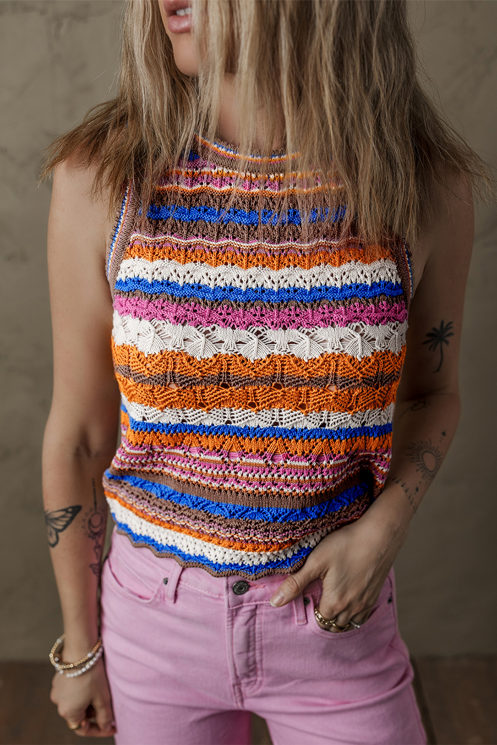 Dark Blue Striped Textured Knit Crew Neck Sweater Vest - loveforevers