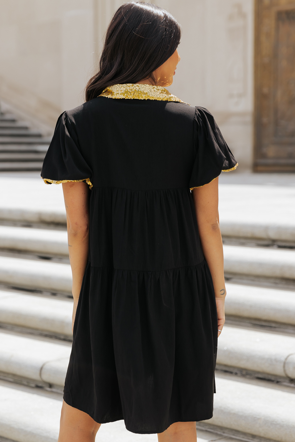 Black Sequin Trim Bubble Sleeve Game Day Shirt Dress - loveforevers