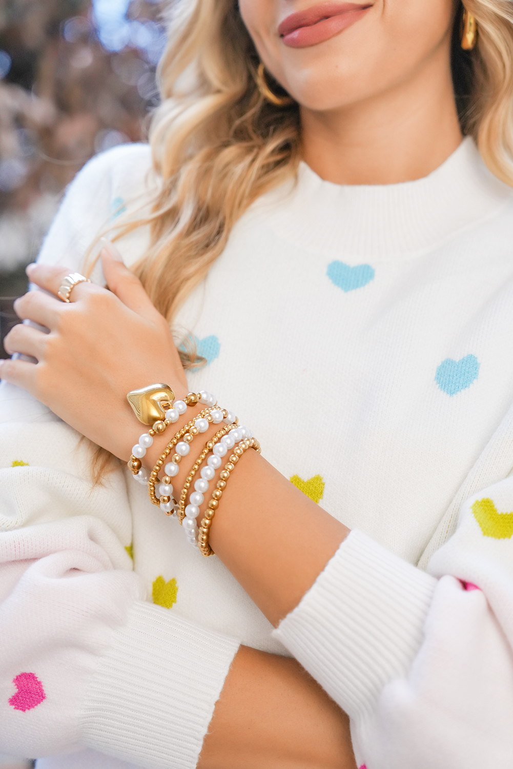 Gold Plated Heart Charm Pearl Beading Multilayer Bracelet - loveforevers