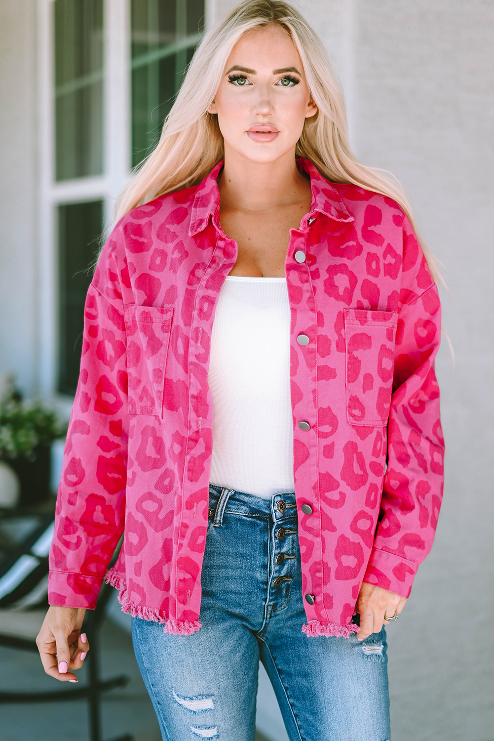 Pink Leopard Print Button Cuffs Raw Hem Jacket - loveforevers