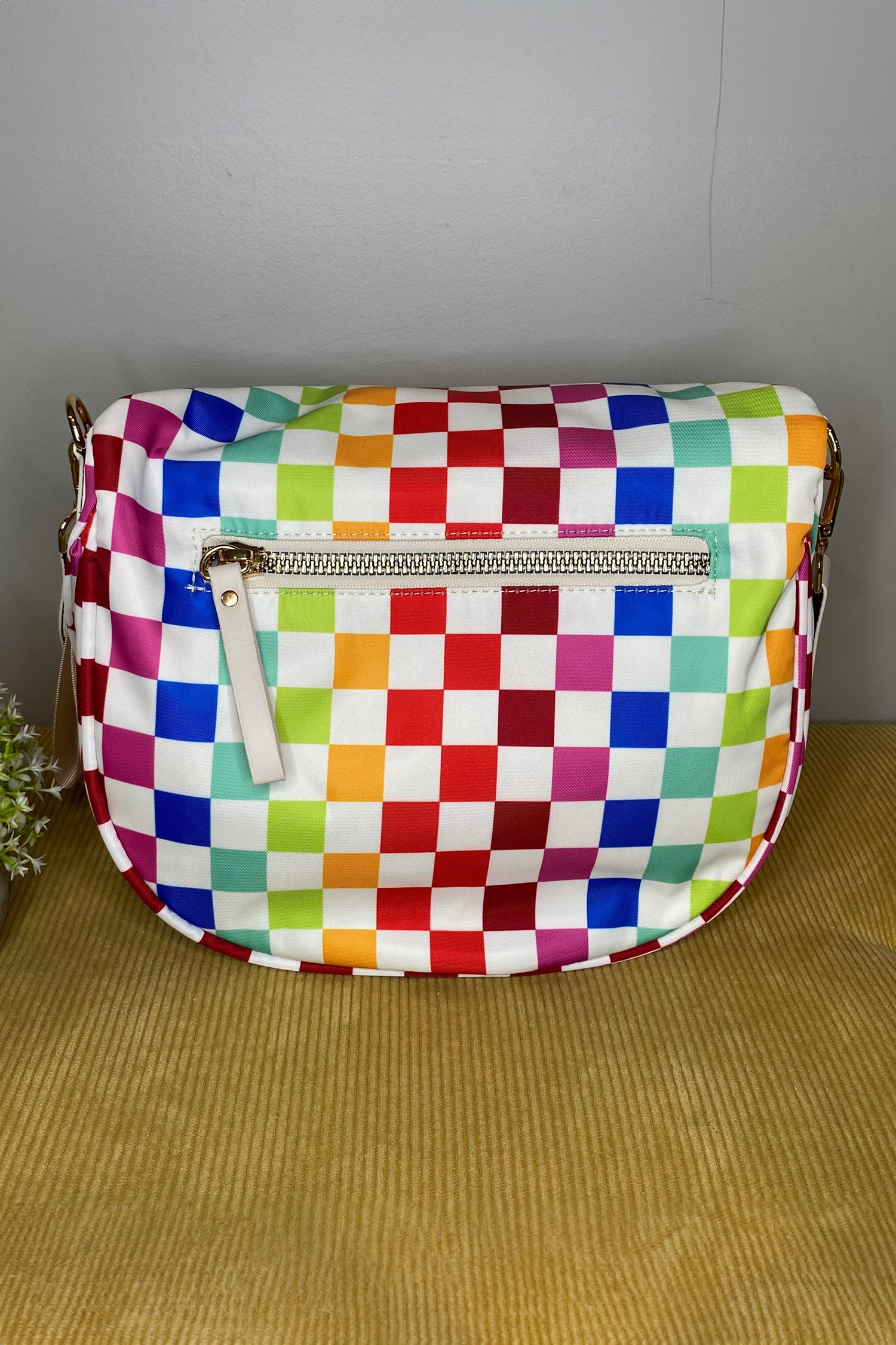 White Pretty Checkerboard Canvas Double Zip Crossbody Bag - loveforevers