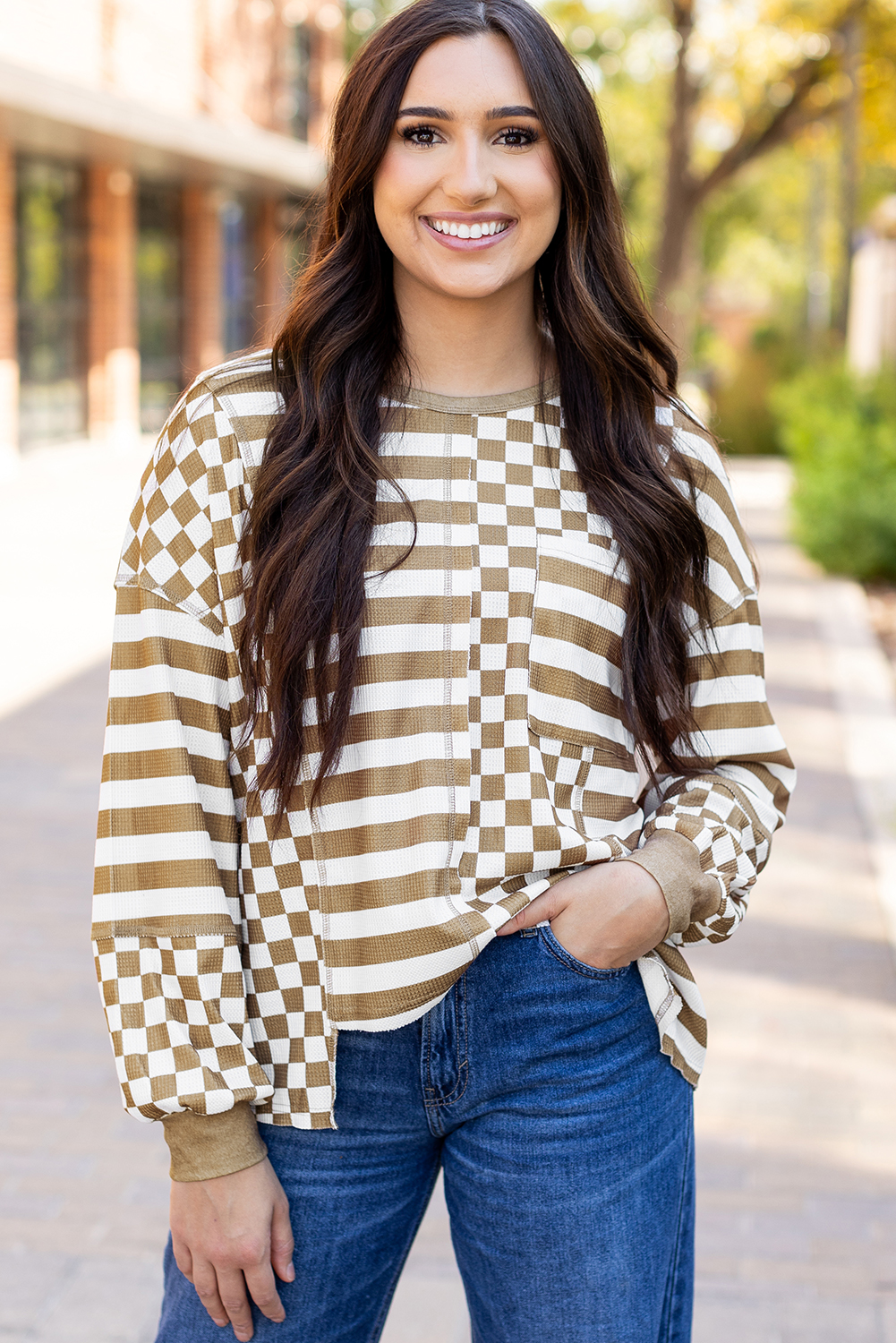 Khaki Checkerboard Striped Patchwork Lantern Sleeve Pocketed Blouse - loveforevers