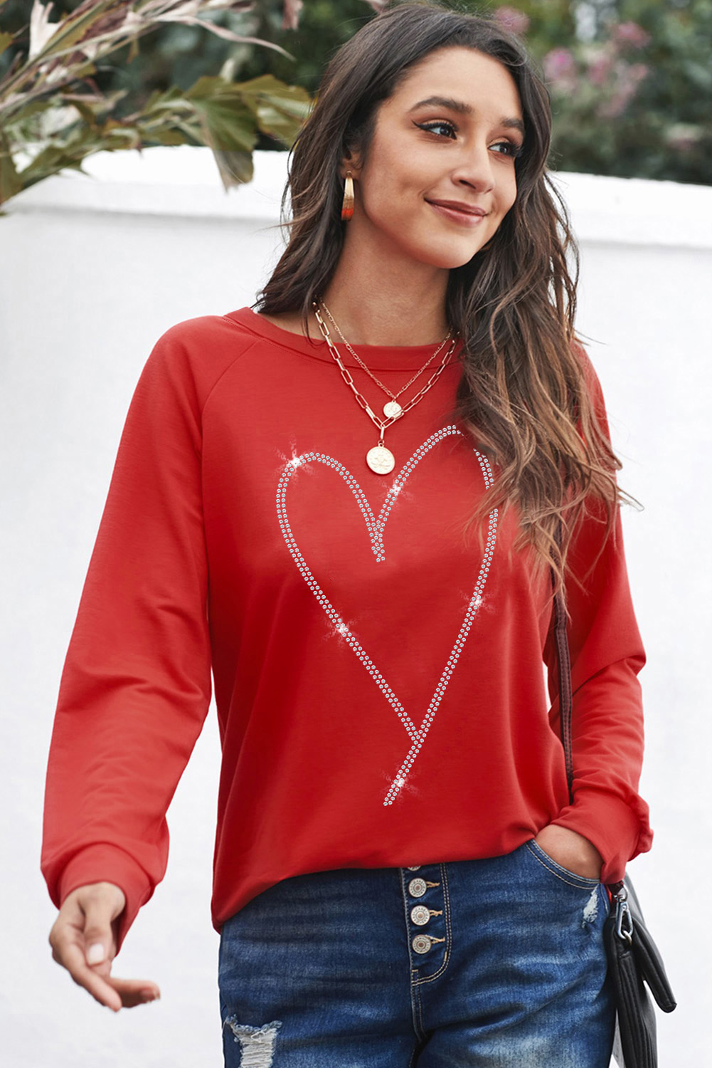 Fiery Red Rhinestone Heart Shaped Long Sleeve Sweatshirt - loveforevers