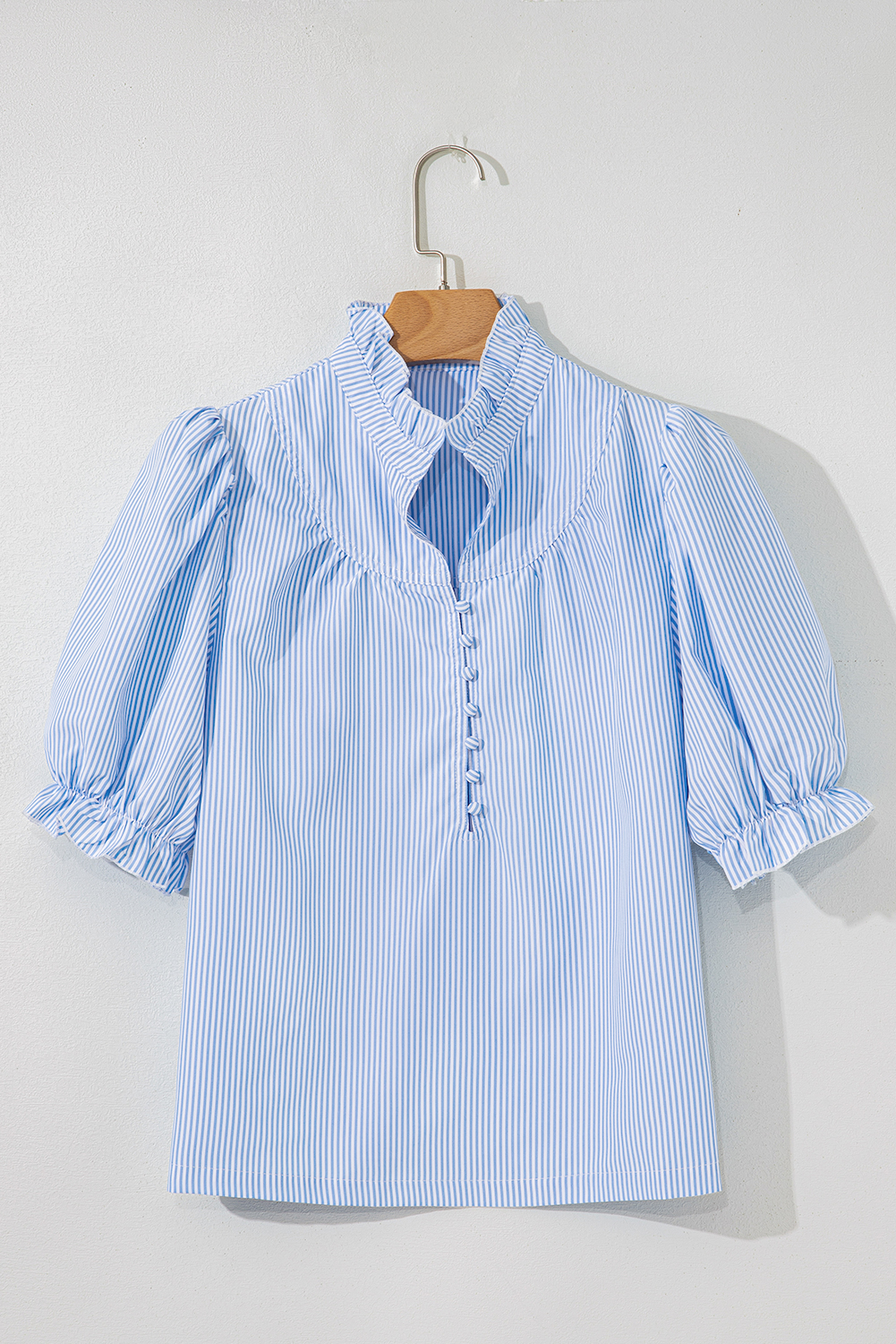 Sky Blue Stripe Ruffled Collar Puff Sleeve Half Buttons Blouse - loveforevers
