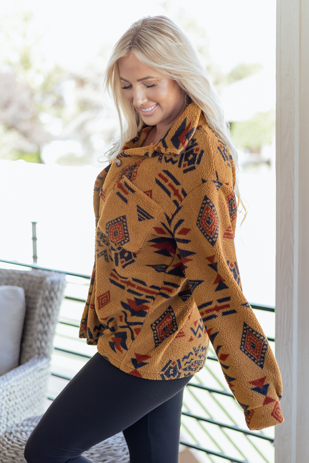 Khaki Western Aztec Pattern Fleece Shacket - loveforevers