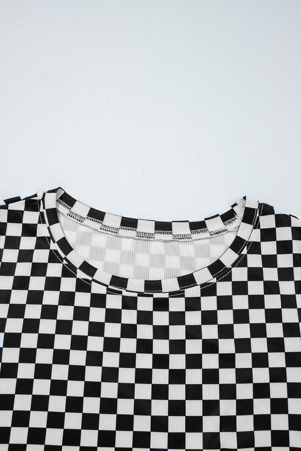 Pink Checkered Ribbed Slim Fit Crew Neck T Shirt - loveforevers