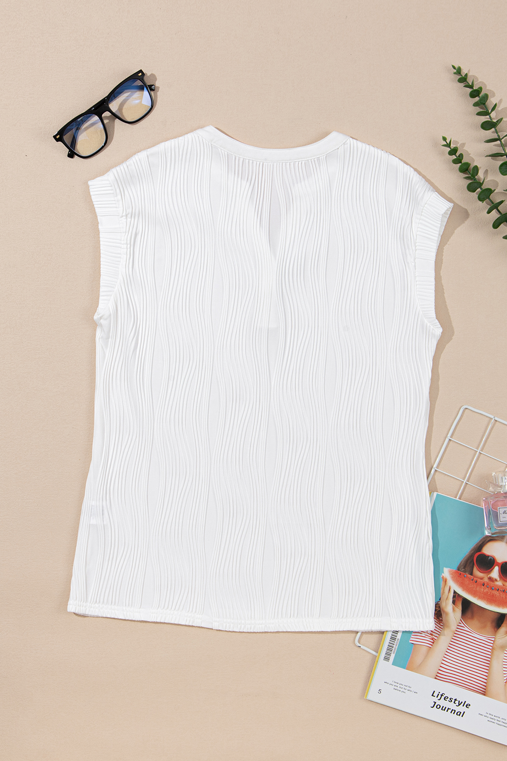 White Wavy Textured Button V Neck Tee - loveforevers