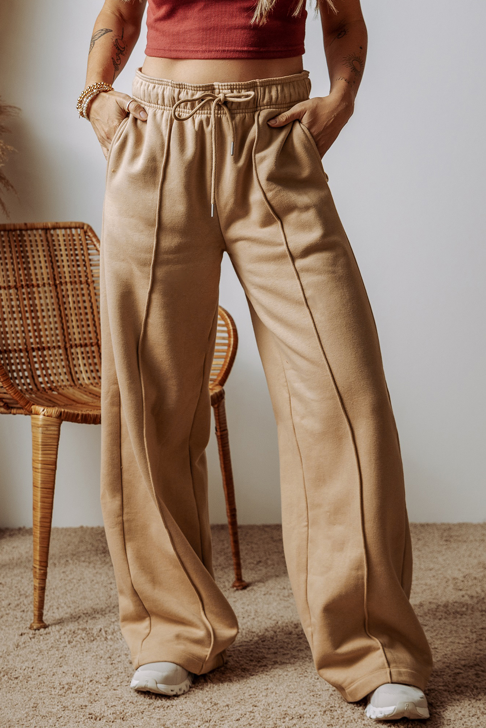 Smoke Gray Exposed Seam Drawstring Elastic Waistband Wide Leg Pants - loveforevers