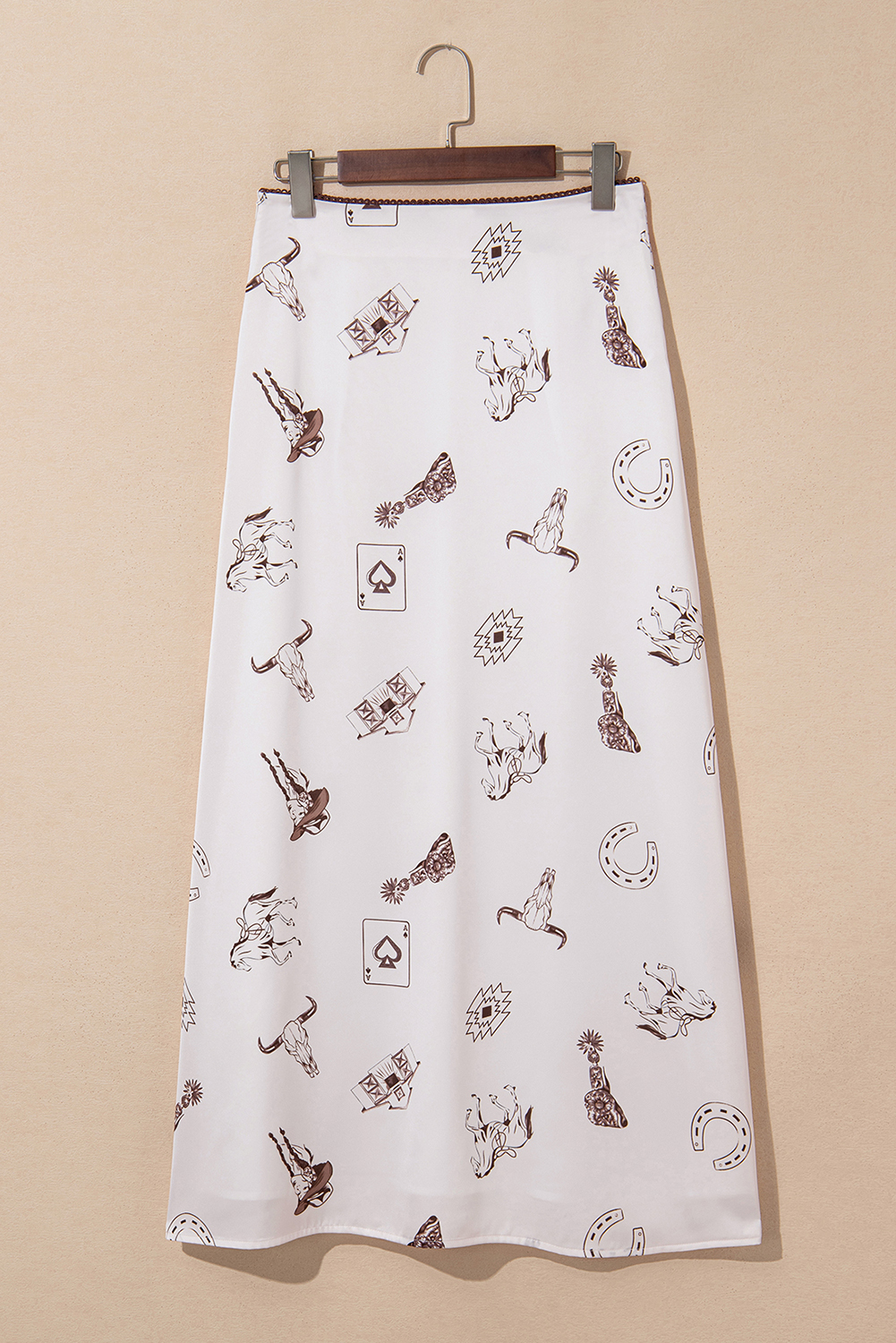 Beige Western Print Satin Long Skirt - loveforevers