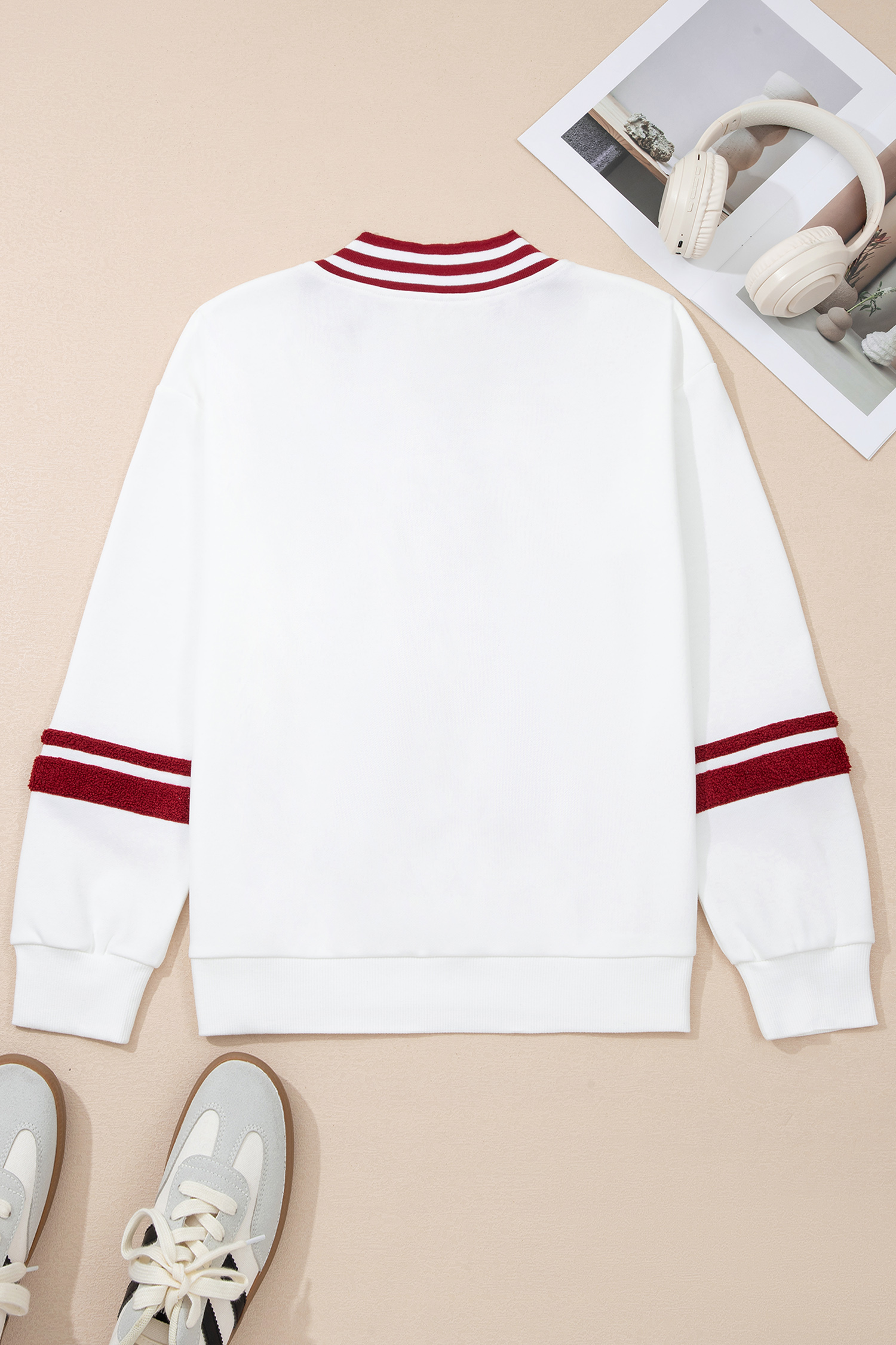 Red Dahlia Chenille Letter A Graphic Varsity Striped V Neck Puff Sleeve Sweatshirt - loveforevers