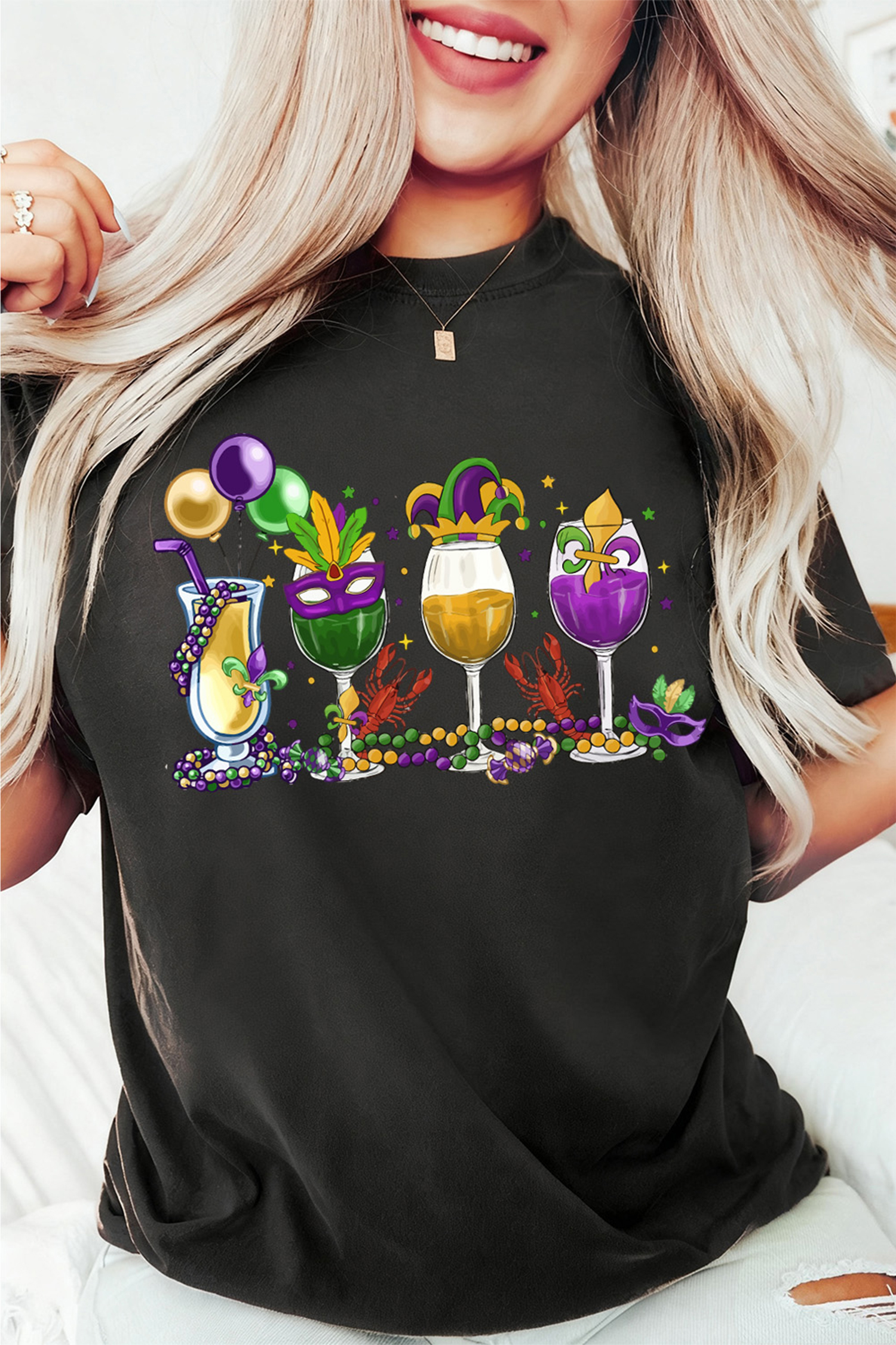 Black Cheerful Mardi Gras Drinks Crayfish Printed T Shirt - loveforevers