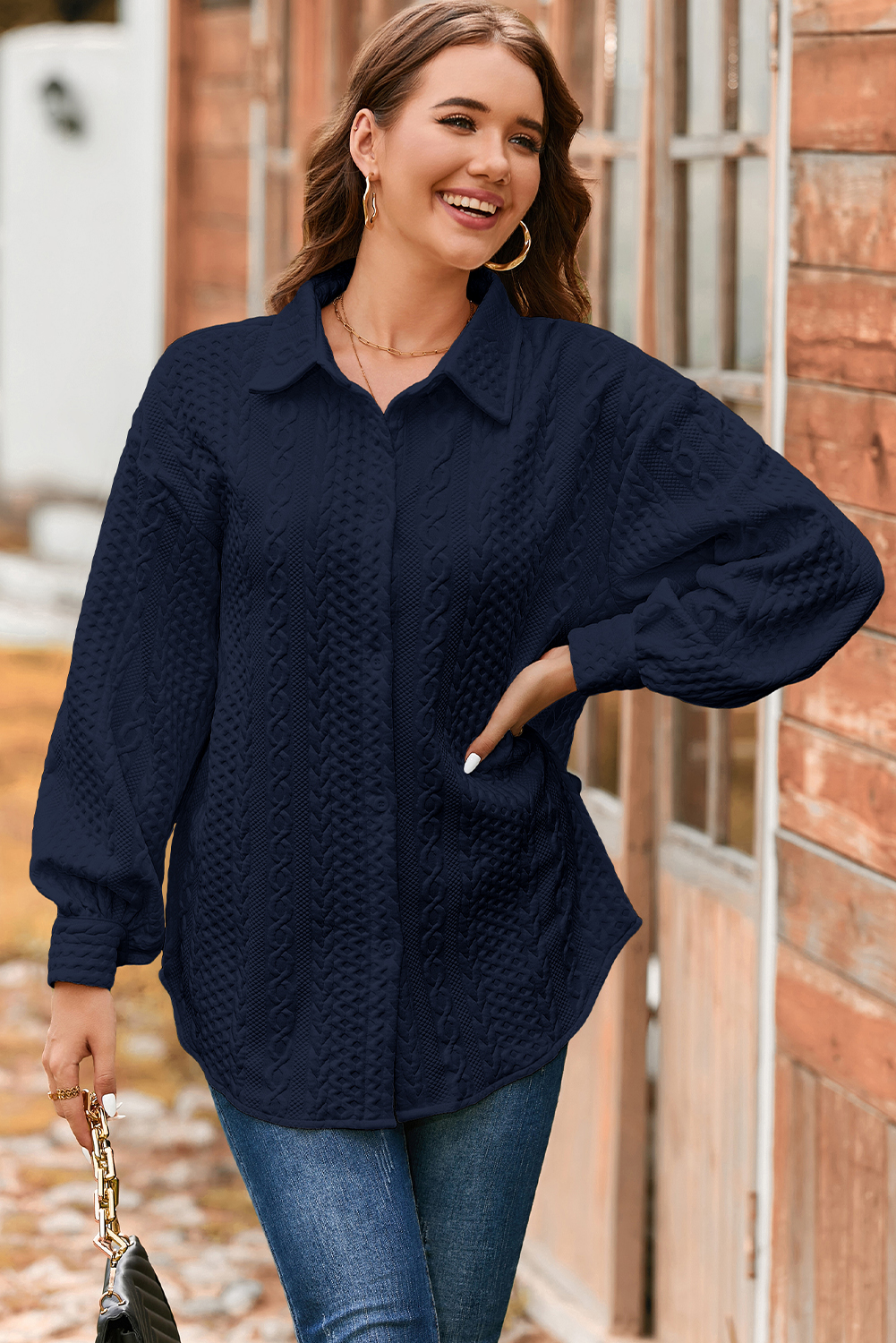 Sepia Rose Cable Texture Puff Sleeve Loose Shacket - loveforevers