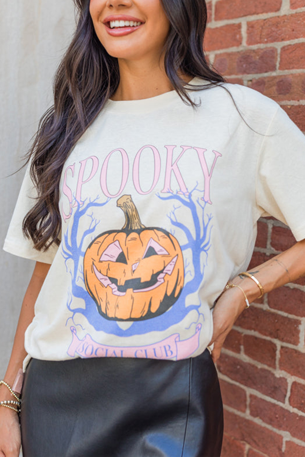 White SPOOKY Pumpkin Print Round Neck Halloween T Shirt - loveforevers