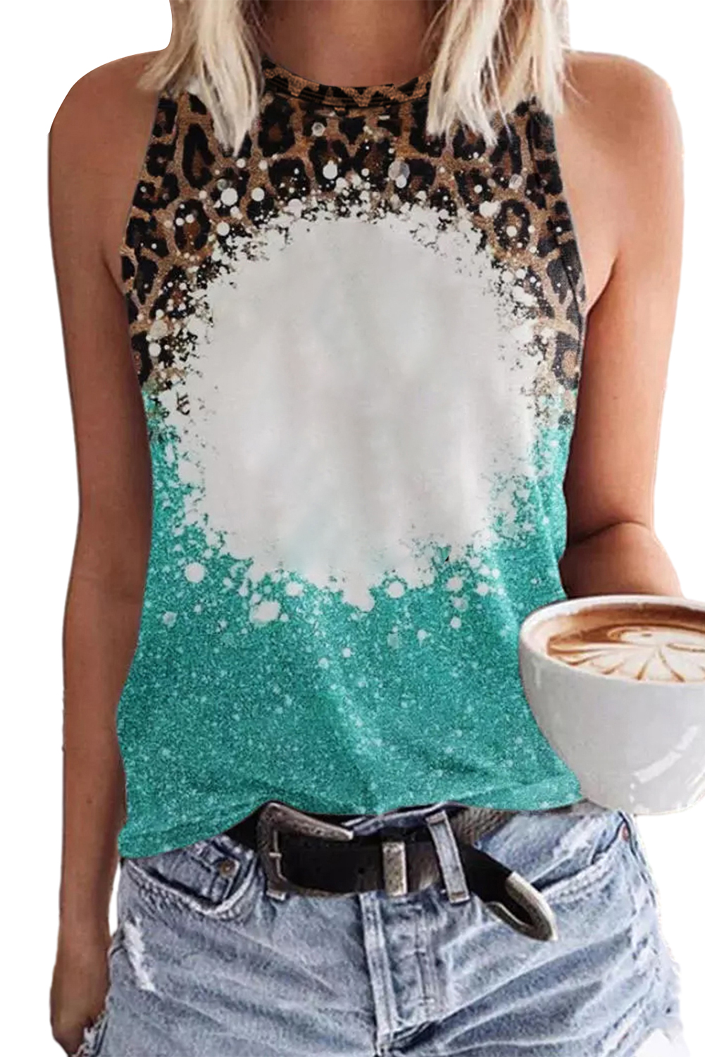 Light Blue Bleached Leopard Tie-dye Print Tank Top - loveforevers