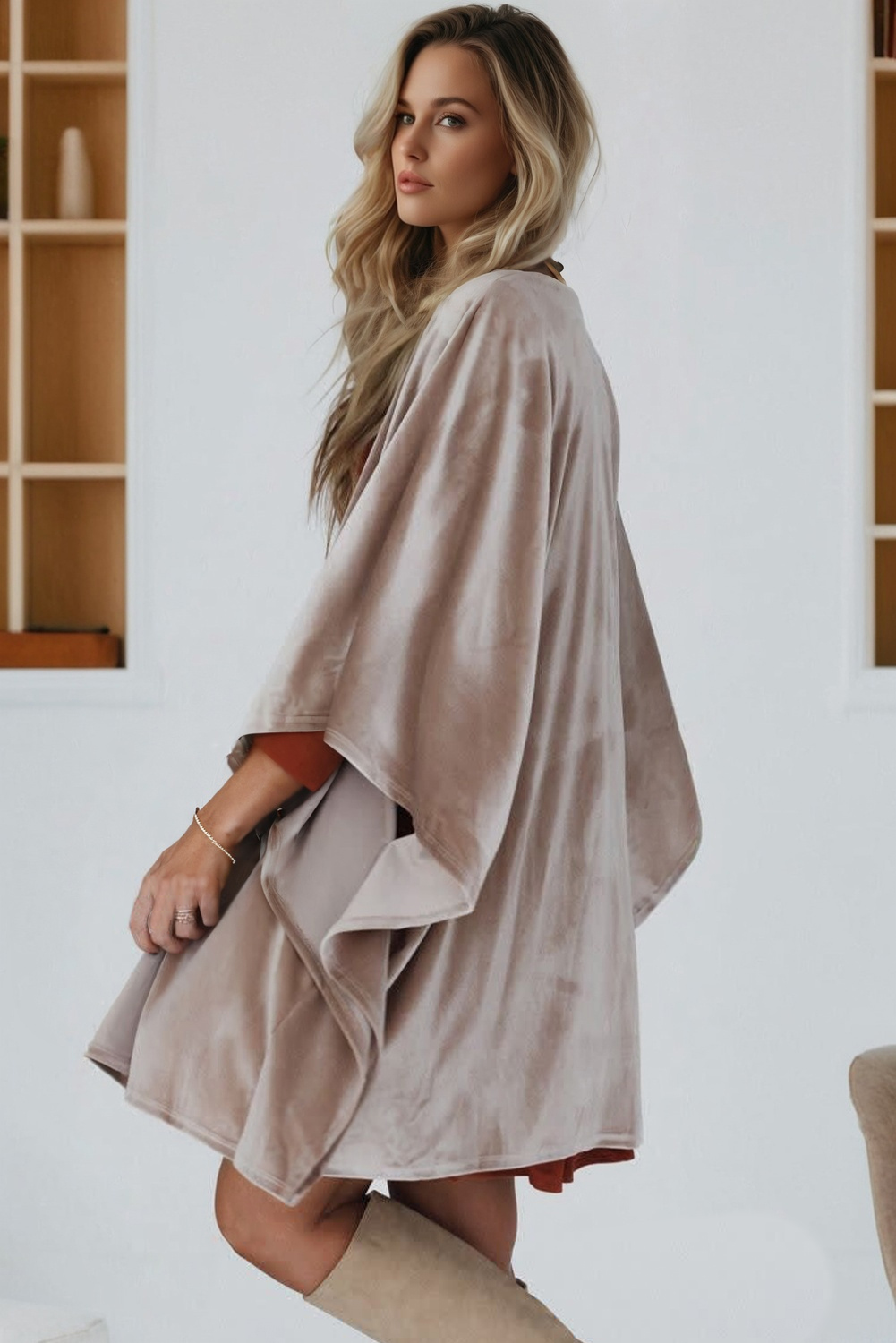 Smoke Gray 3/4 Sleeve Open Front Velvet Kimono - loveforevers