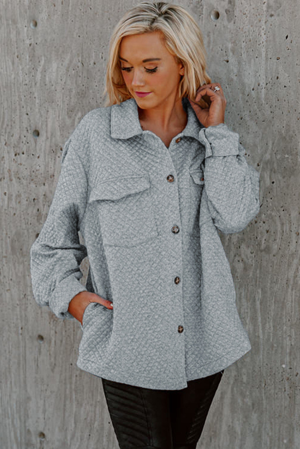 Gray Retro Quilted Flap Pocket Button Shacket - loveforevers