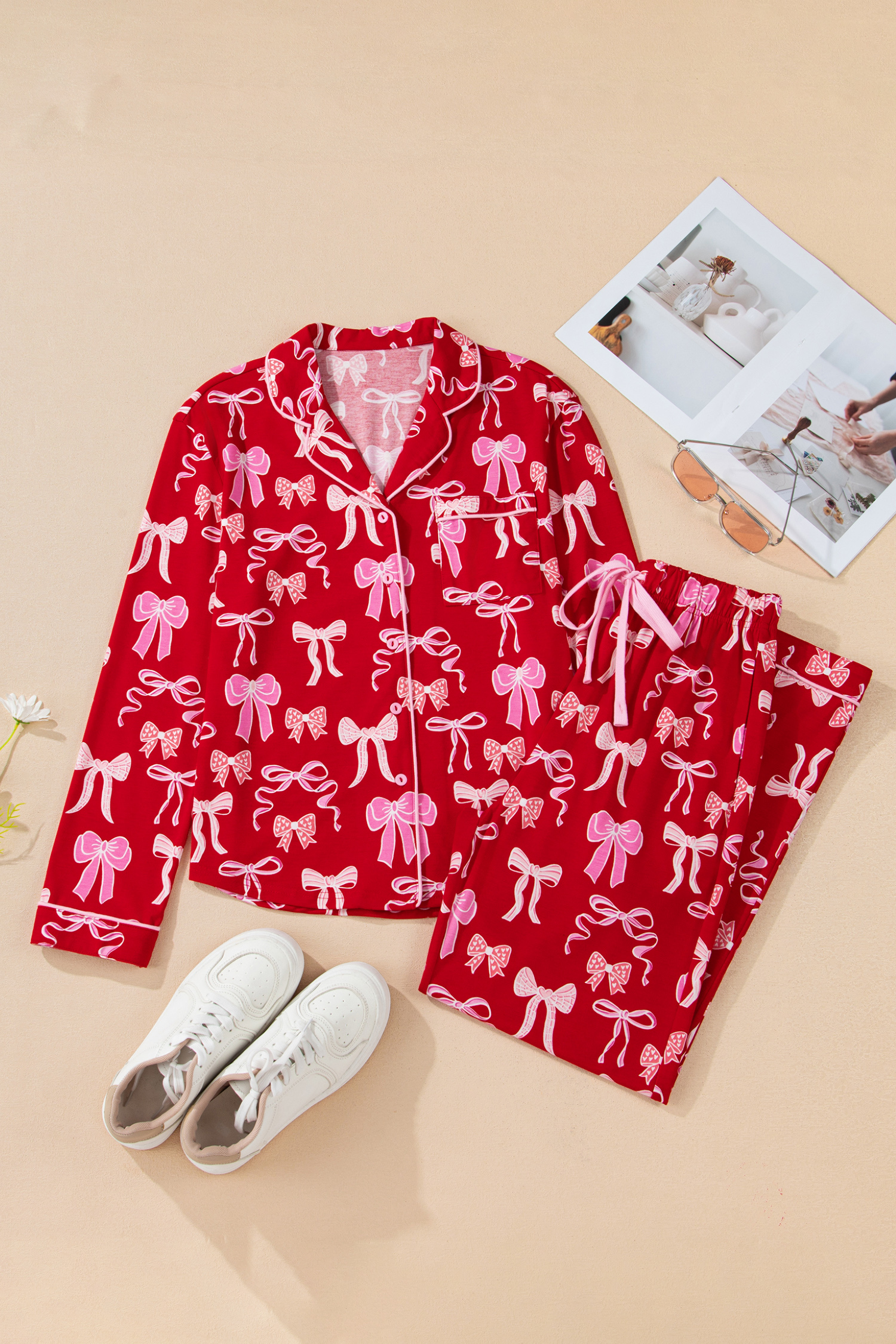 Red Sweet Bow Print Shirt Style Top Long 2pcs Pajama Set - loveforevers