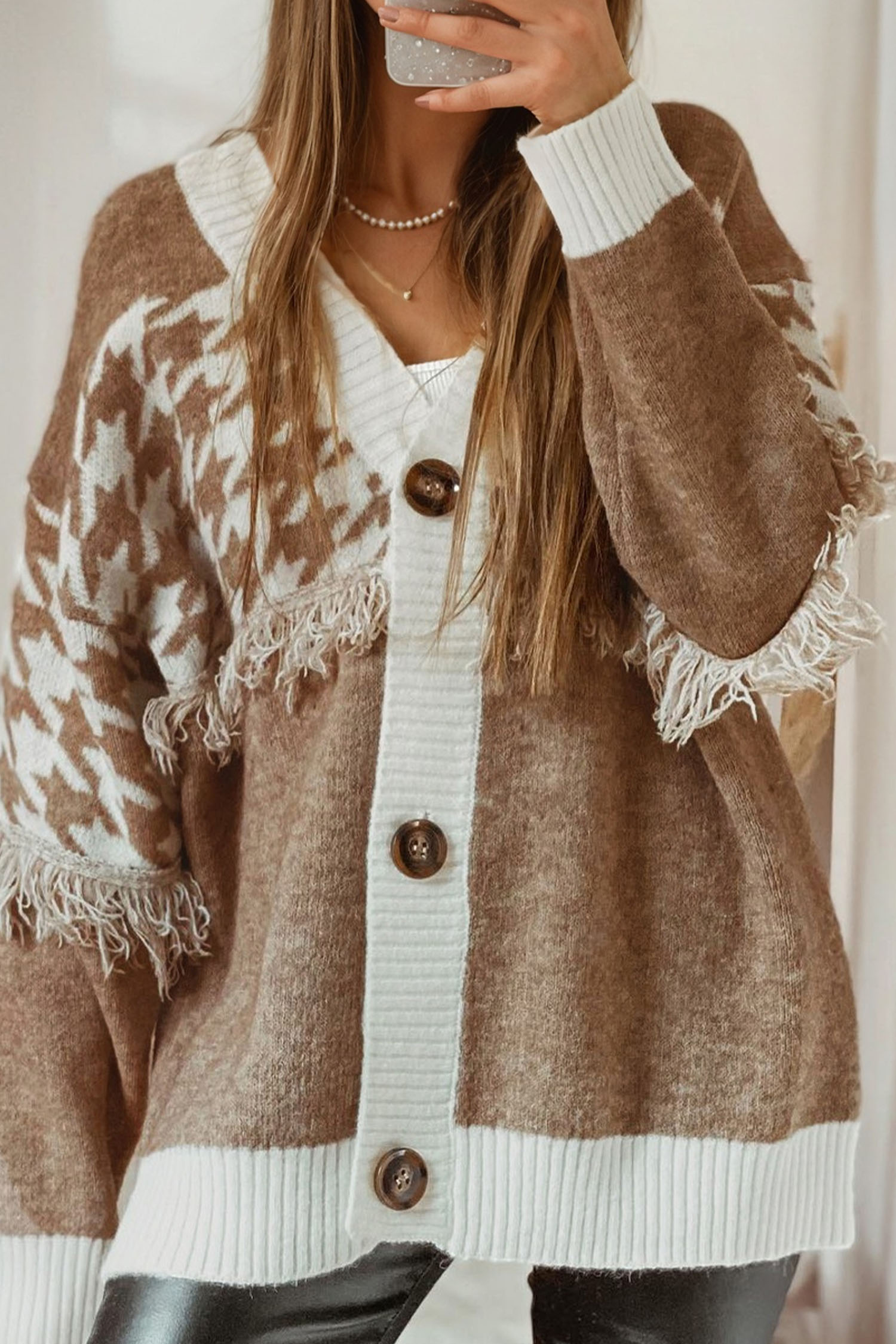 Khaki Houndstooth Color Block V Neck Raw Edge Button Front Cardigan - loveforevers