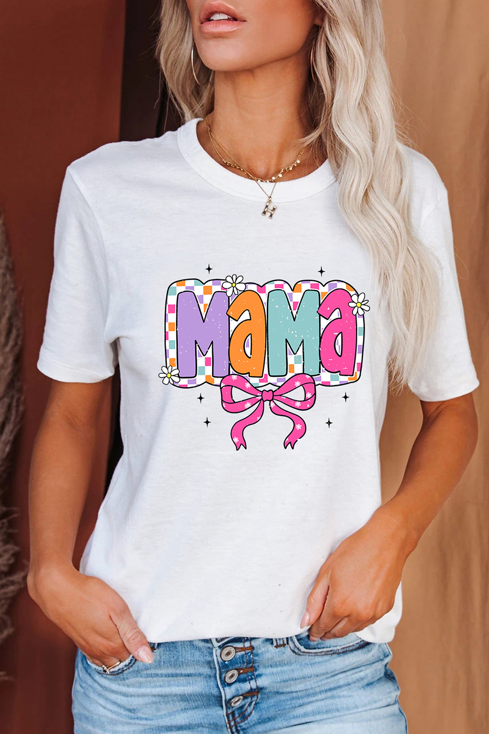 White Cute MaMa Bow Graphic Crewneck T Shirt - loveforevers