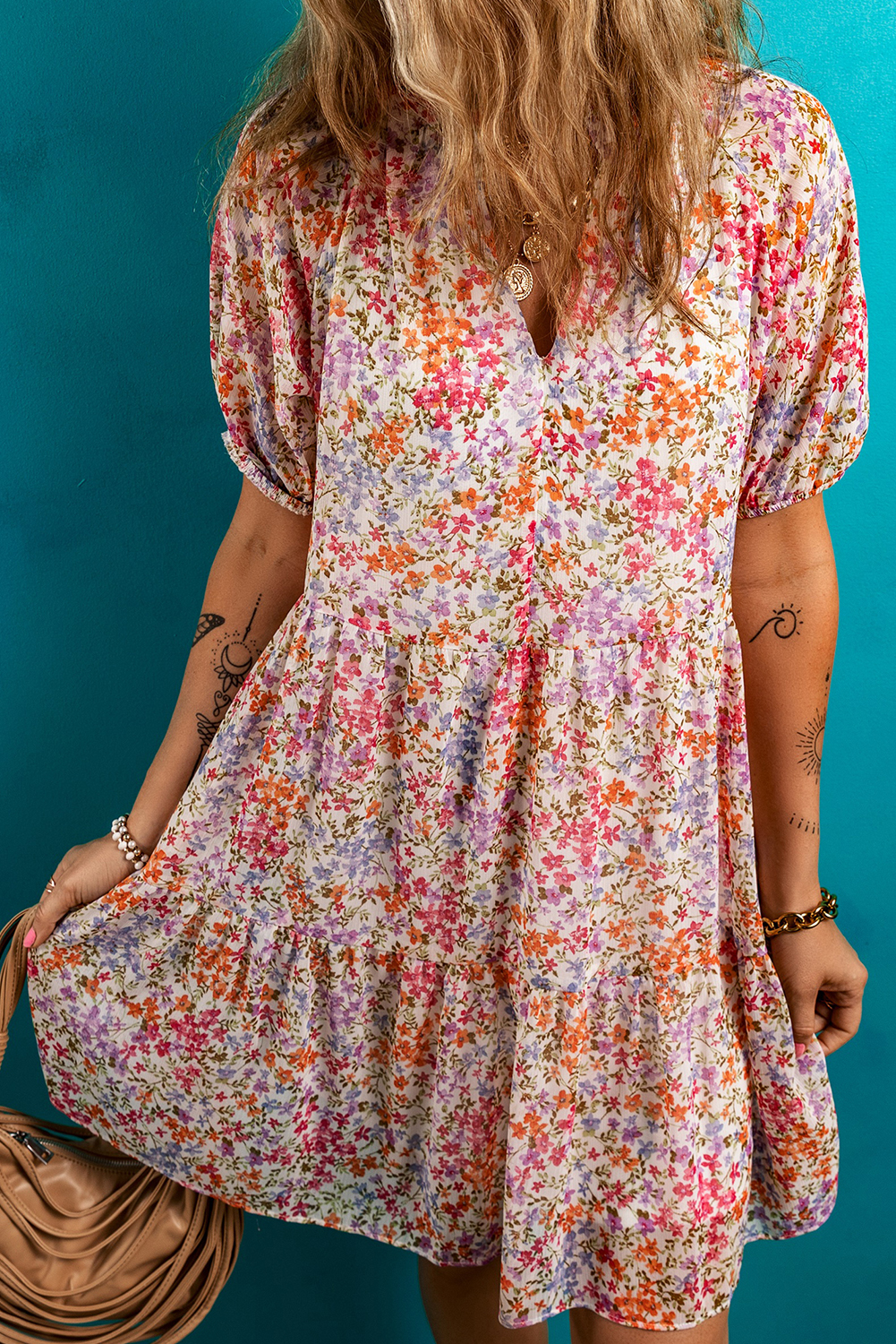Red Floral Puff Sleeve Notched V Neck Tiered Mini Dress - loveforevers