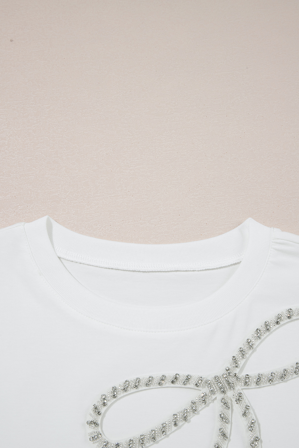 White Rhinestone Bow Embellished Round Neck Tee - loveforevers