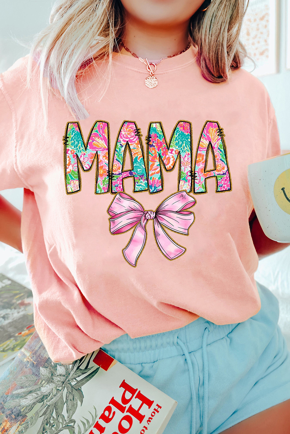 Pink Floral MAMA Bowknot Print Crewneck T Shirt - loveforevers
