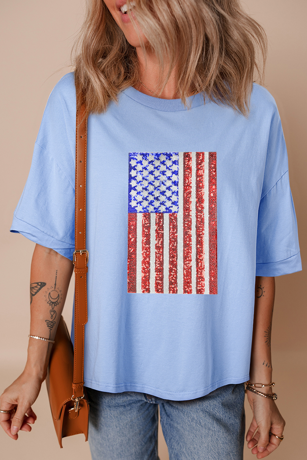 Myosotis Sequined American Flag Dropped Shoulder T Shirt - loveforevers