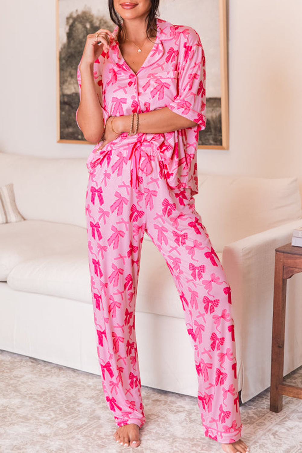 Pink Bow Knot Print Lapel Collar Short Sleeve and Pants Pajamas Set - loveforevers