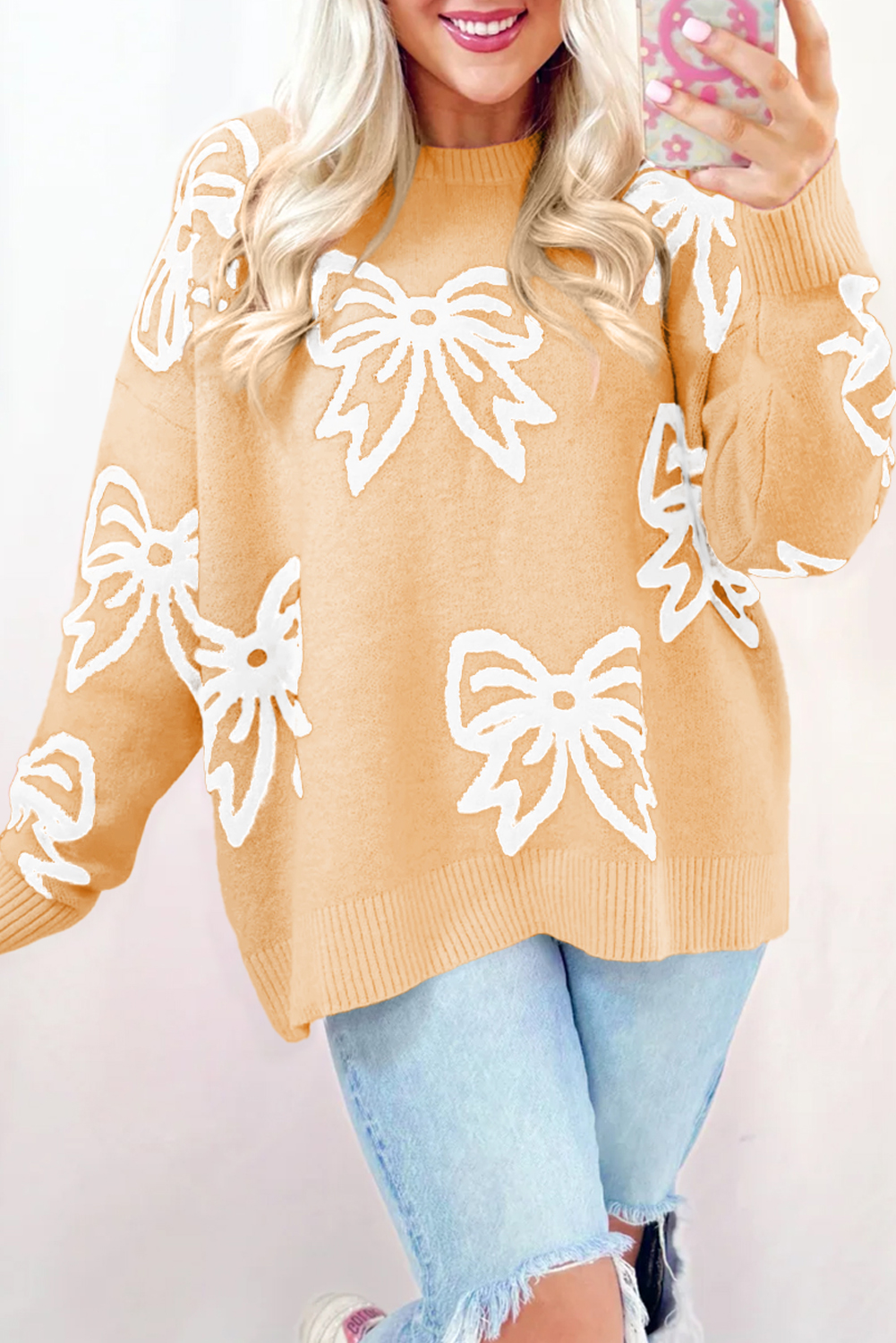 Golden Fleece Bow Pattern Drop Shoulder Loose Sweater - loveforevers
